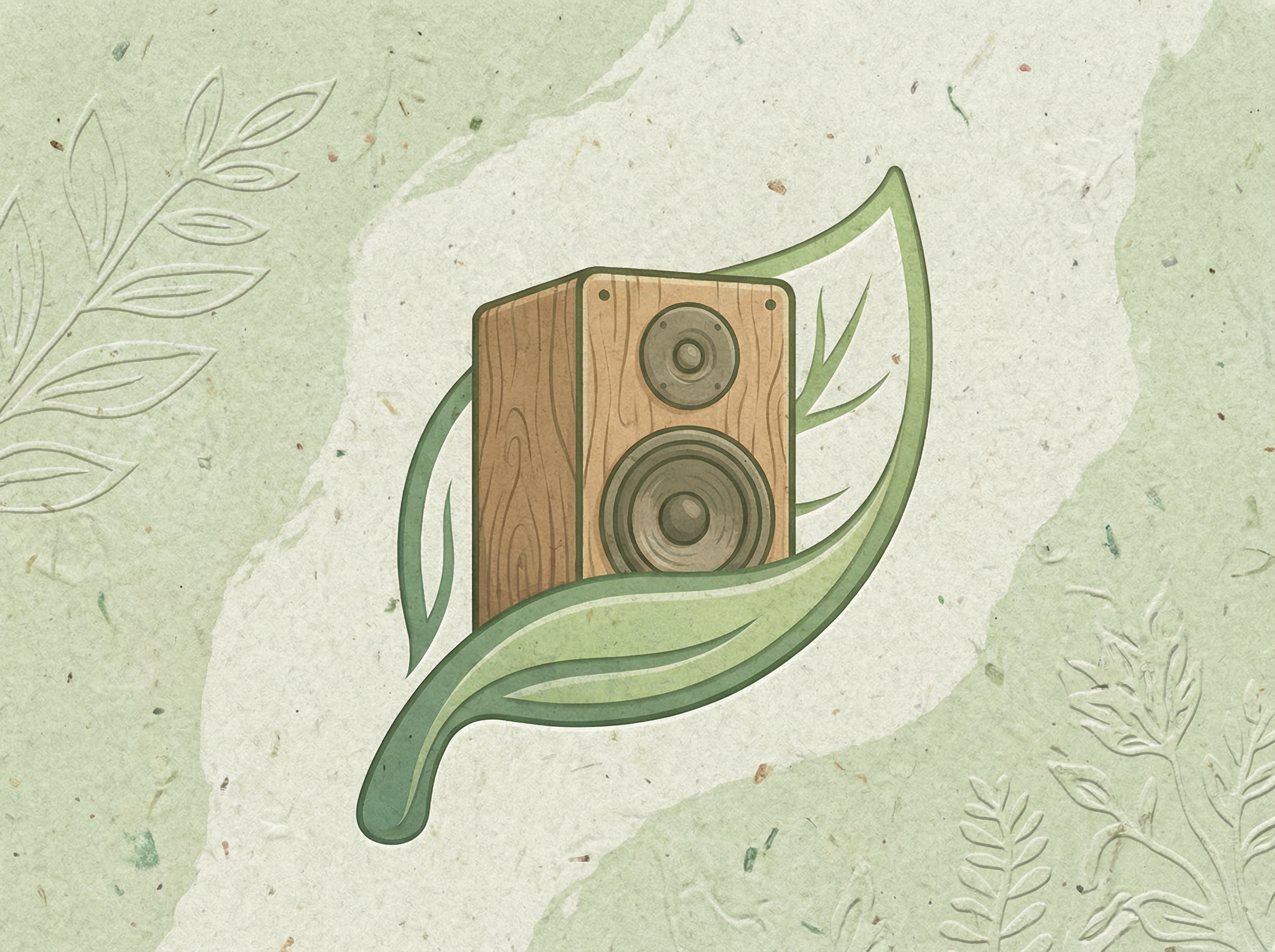 Artistic rendering of a speaker inside a green leaf outline, symbolising sustainable technology and reducing e-waste, textured background, soft green tones, 4:3 aspect ratio, no text.