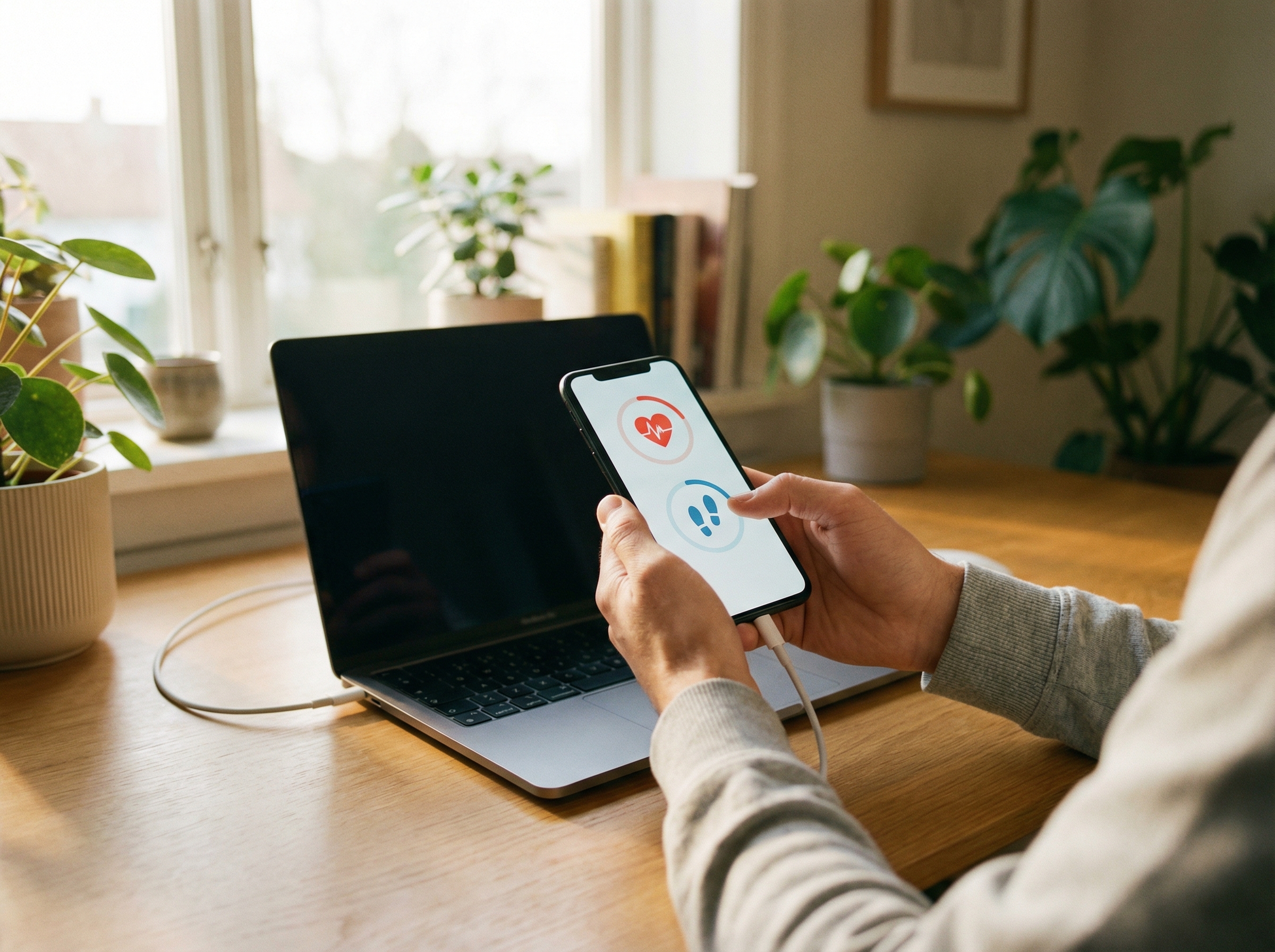 A person holding a smartphone showing a health dashboard with icons for heart rate and steps, seamlessly connecting to a laptop. Natural morning sunlight coming through a window, warm and professional atmosphere, 4:3, no text.