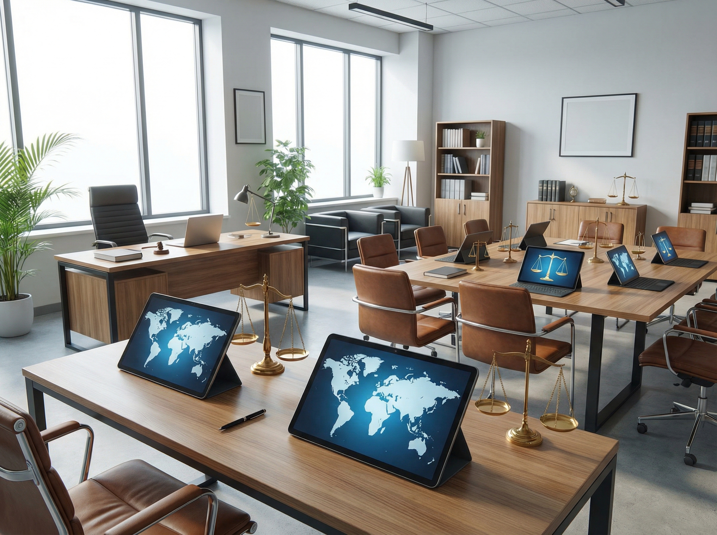 A professional office setting with several digital tablets showing world maps and legal scales, bright and balanced lighting, 4:3, no text
