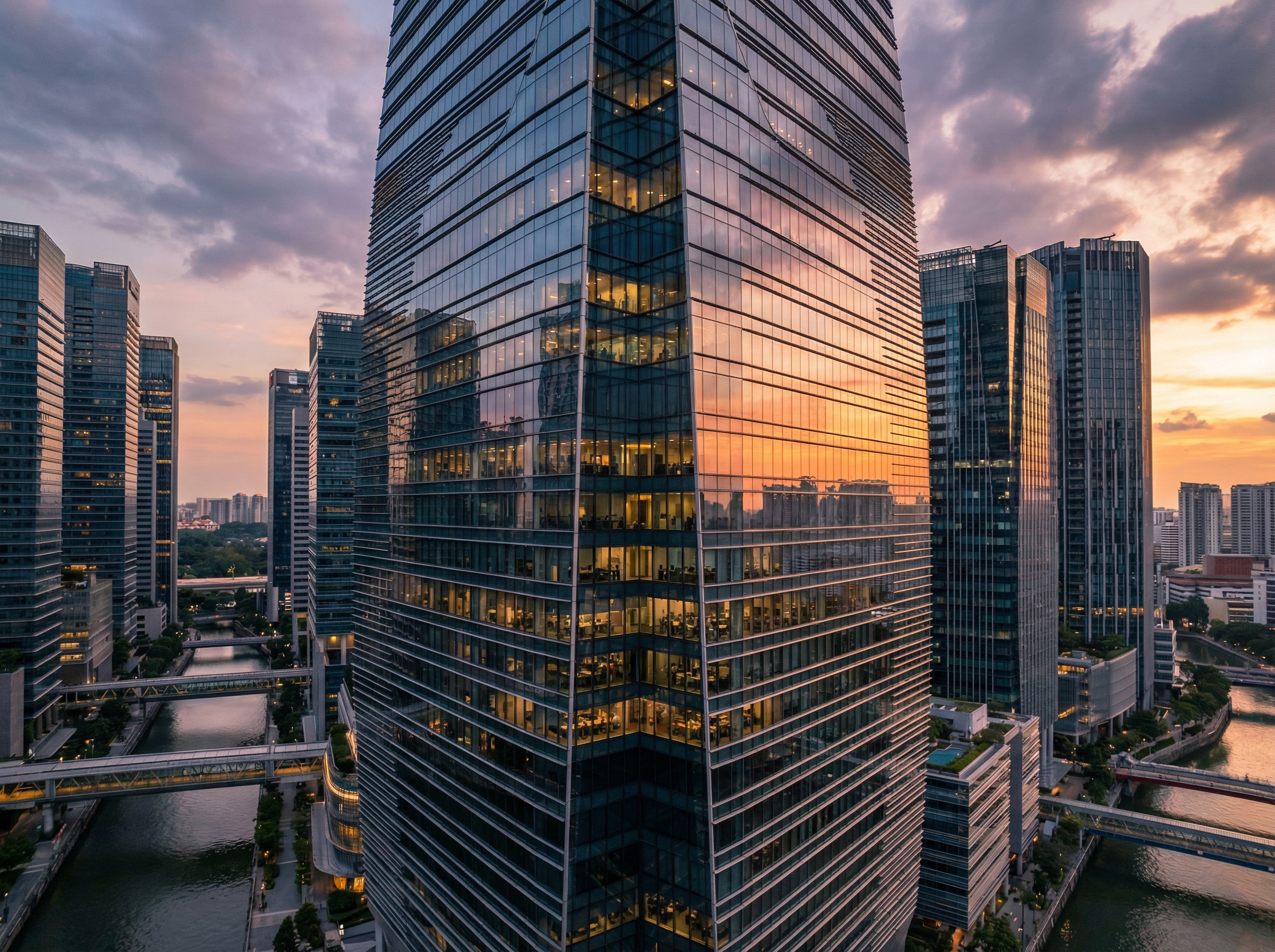 Modern glass skyscraper in a global financial district like Singapore, sunset lighting, high-end professional atmosphere, reflections on windows, cinematic wide shot, 4:3 aspect ratio, no text