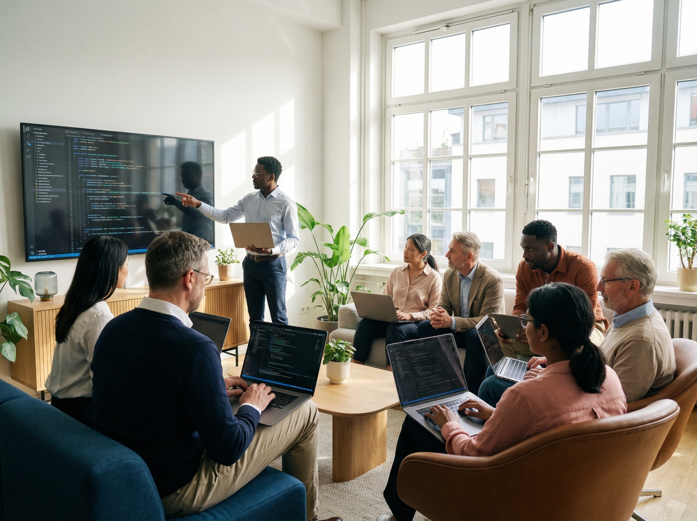 Diverse group of professionals in a modern bright meeting room, looking at digital screens with coding scripts, natural daylight, collaborative and focused atmosphere, high-quality photography, 4:3 aspect ratio, no text