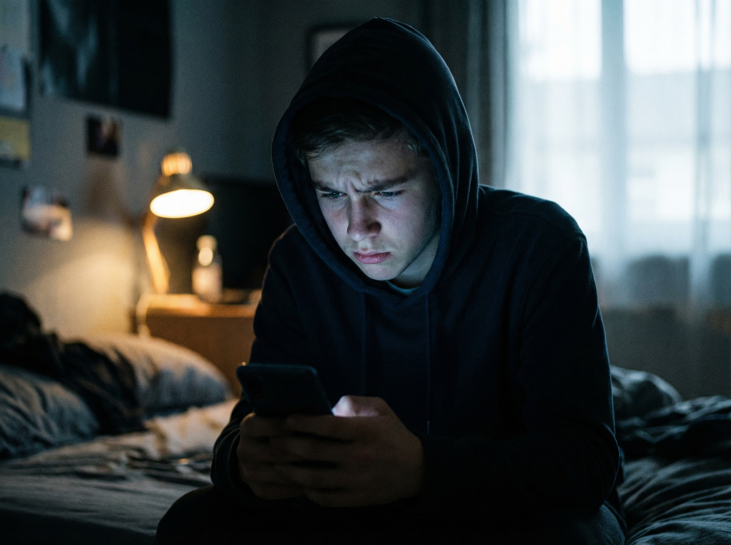 A teenage boy sitting alone in a dimly lit room, looking at his smartphone with a concerned and melancholic expression. The screen glow reflects on his face. Cinematic lighting, realistic photography style, 4:3 aspect ratio, no text.