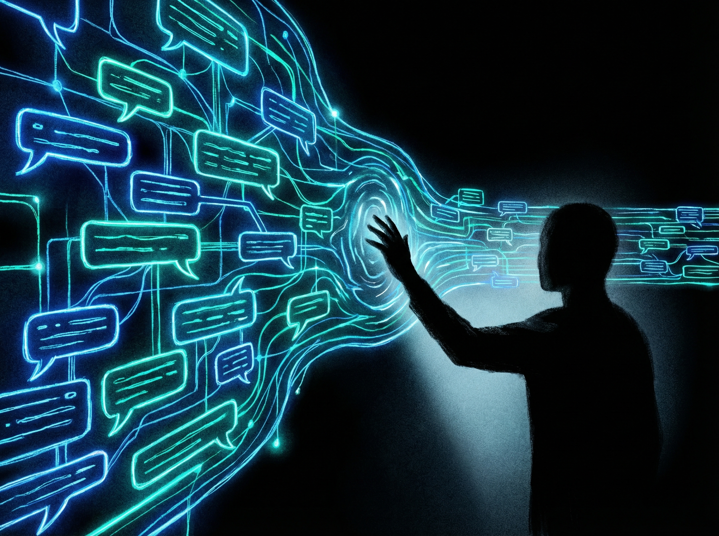 A symbolic representation of a human shadow interacting with a glowing digital AI interface. The interface shows a chat bubble pattern. Artistic illustration, dark background with neon blue accents, high contrast, 4:3 aspect ratio, no text.