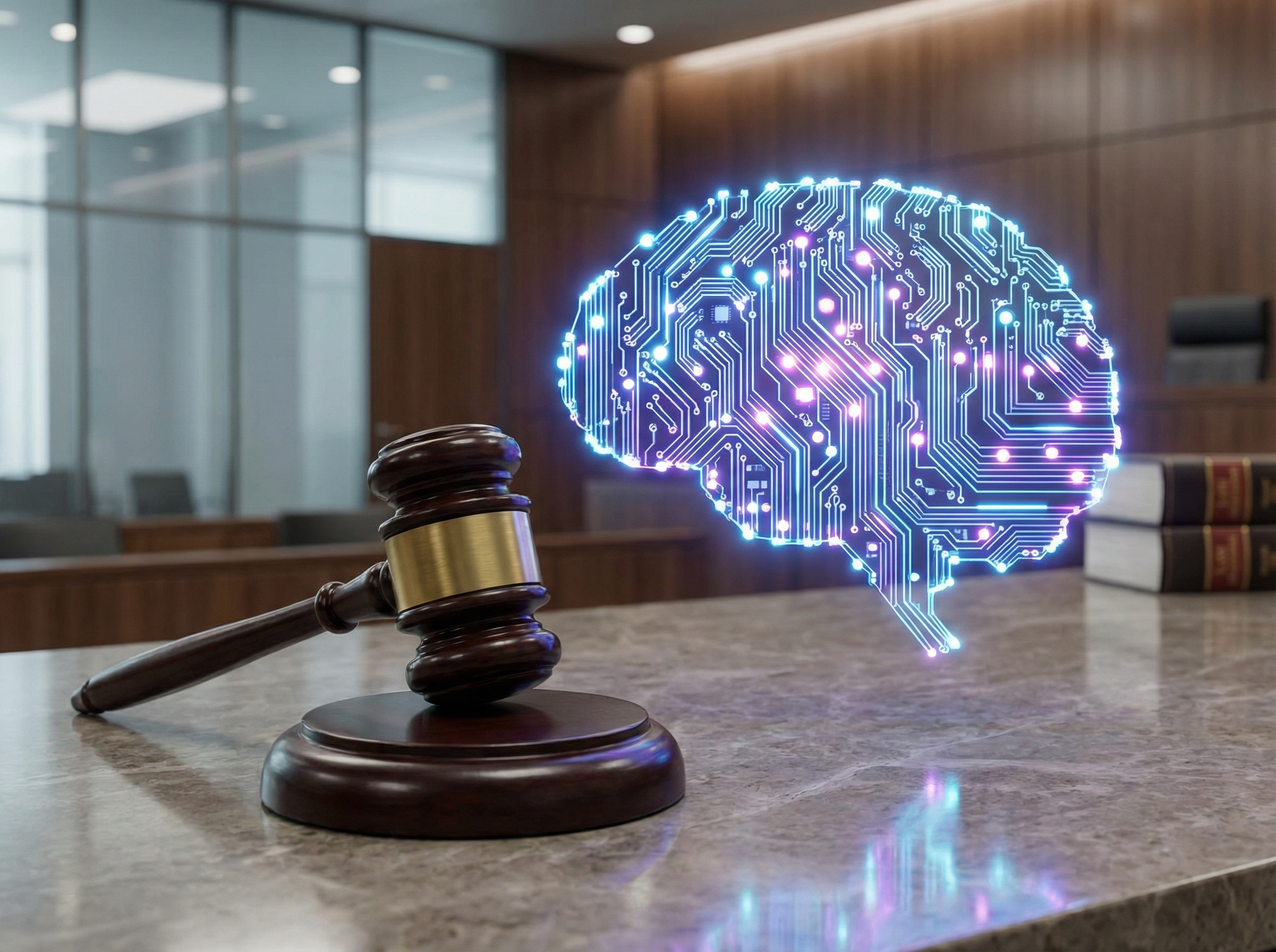 A gavel placed next to a futuristic glowing brain circuit board. Professional and serious atmosphere, modern legal setting, high-quality rendering, 4:3 aspect ratio, no text.