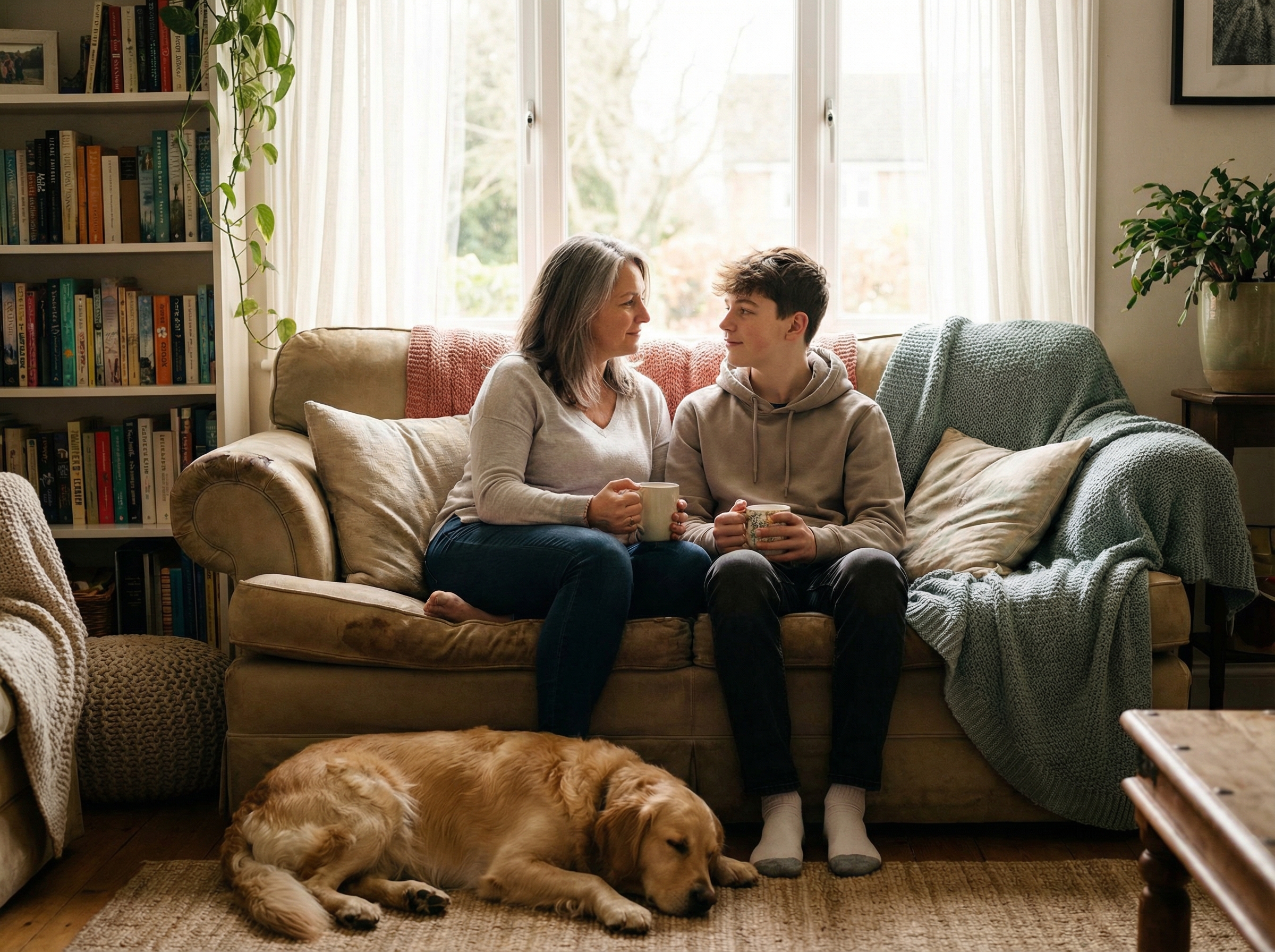 A warm and cozy living room where a parent and a teenager are sitting together on a sofa, having a sincere conversation. Soft natural lighting, lifestyle photography, peaceful mood, 4:3 aspect ratio, no text.