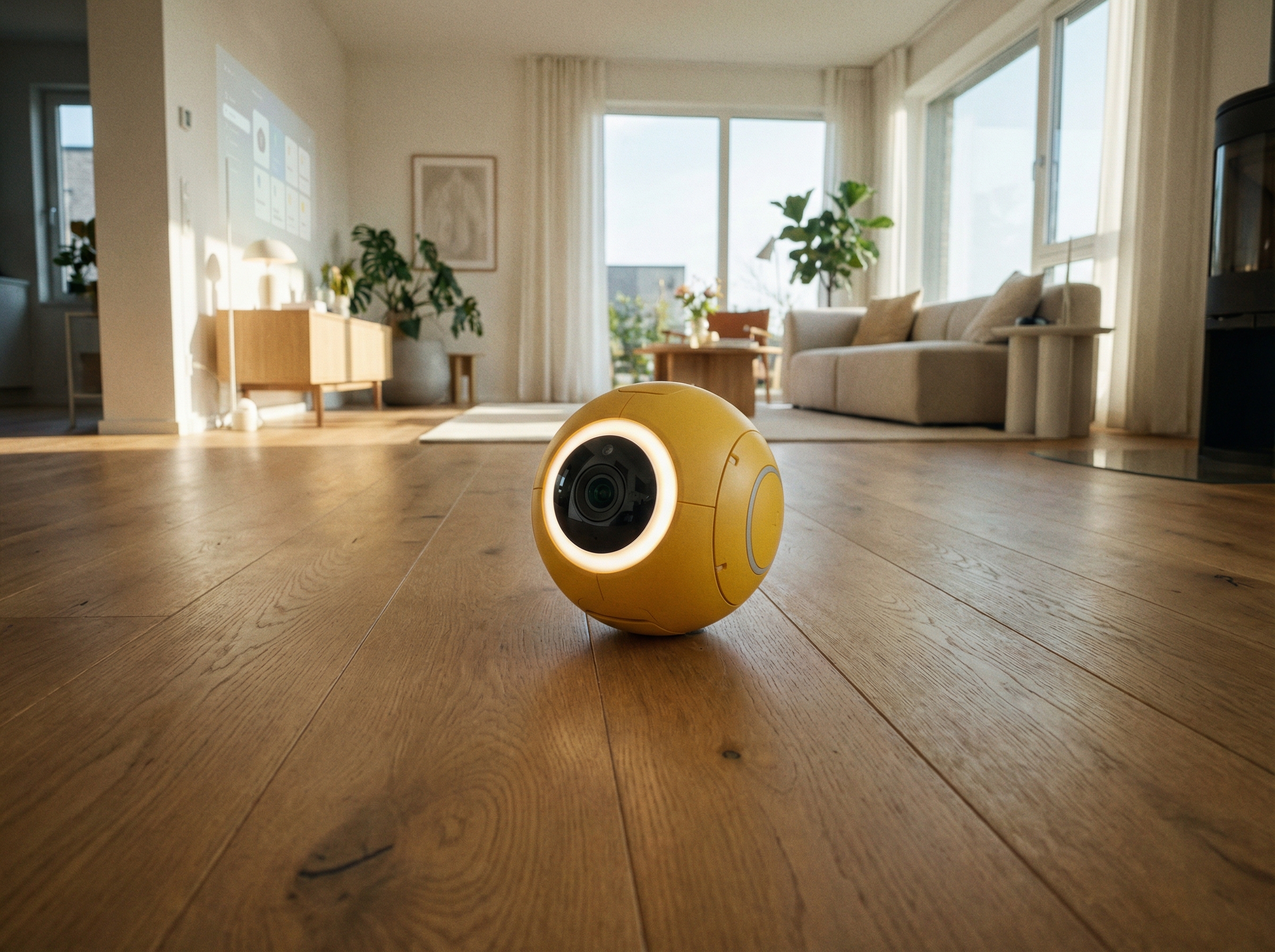 A small yellow spherical robot with a camera lens and light ring rolling on a wooden floor in a modern sunlit living room, futuristic smart home companion, 4:3, no visible text