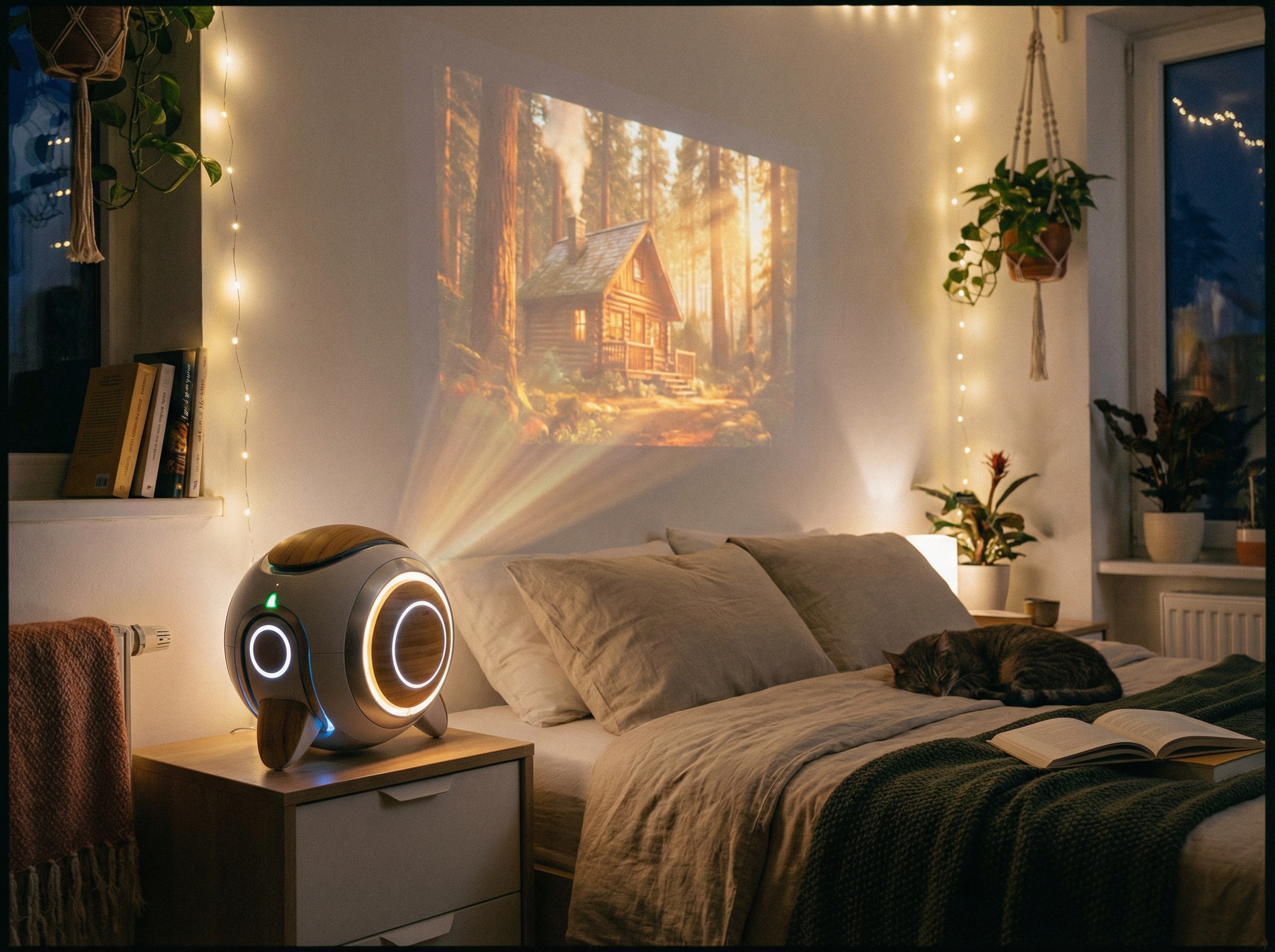A small spherical robot projecting a video onto a white wall in a cozy bedroom at night, warm atmosphere, high tech home assistant, 4:3, no visible text