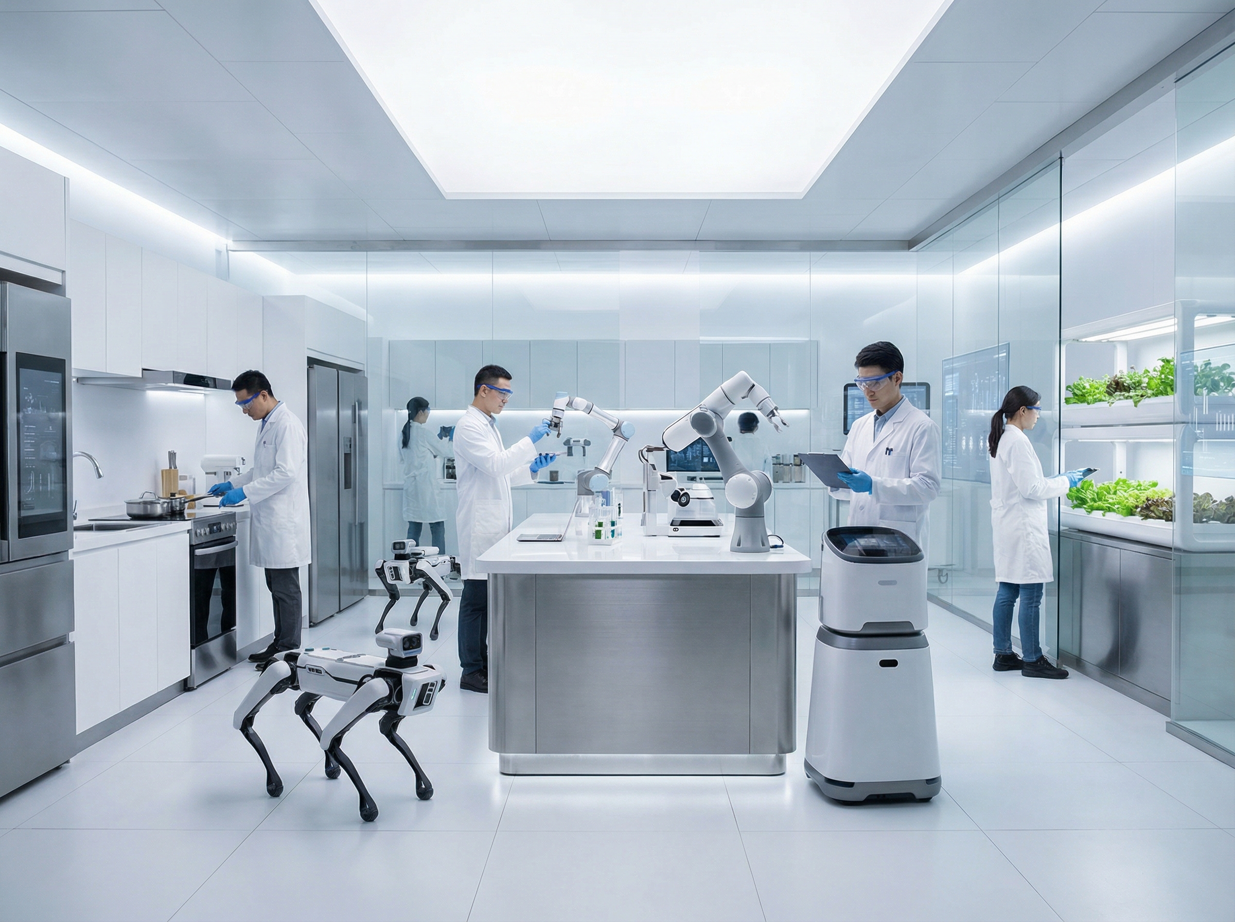 A clean and modern high tech research laboratory with various robotic prototypes and smart appliances, professional atmosphere, bright lighting, 4:3, no visible text