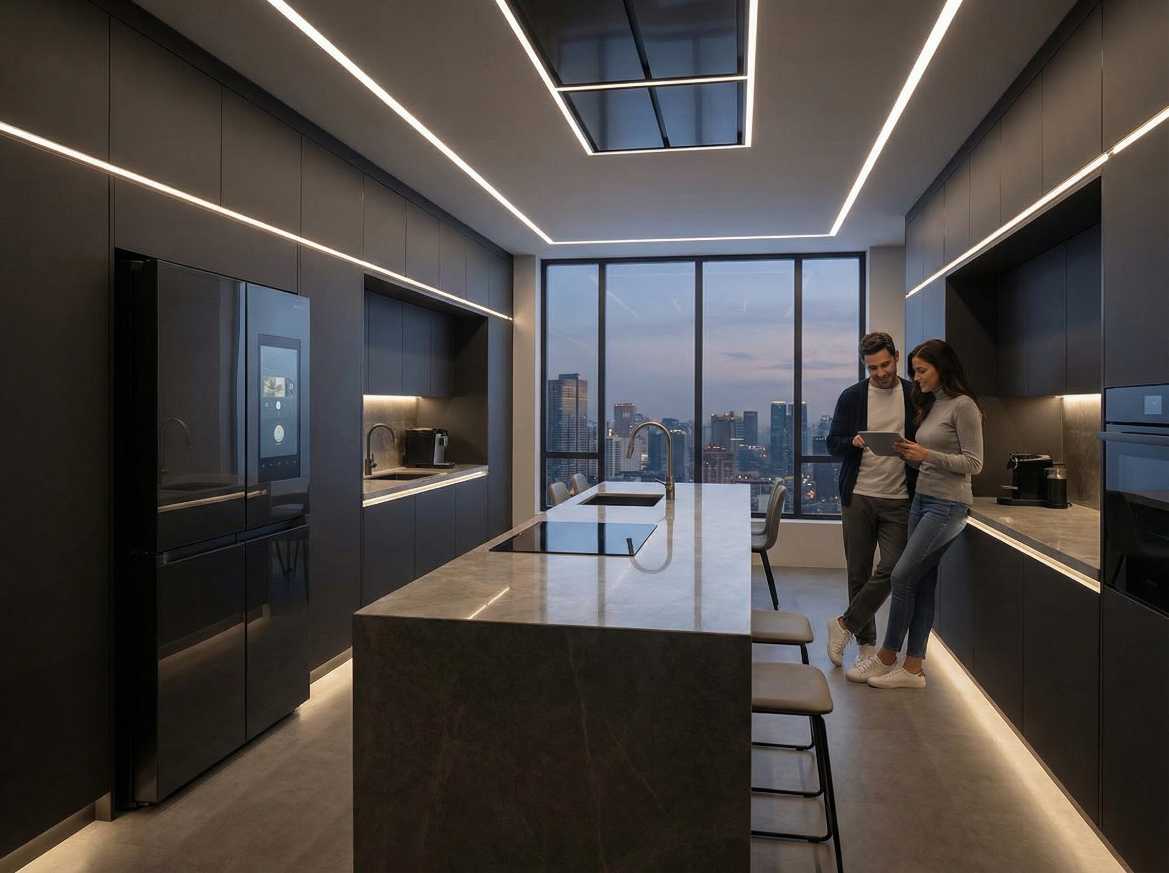 A luxury modern kitchen with smart refrigerator and AI controlled lighting, sleek design, futuristic lifestyle, 4:3, no visible text