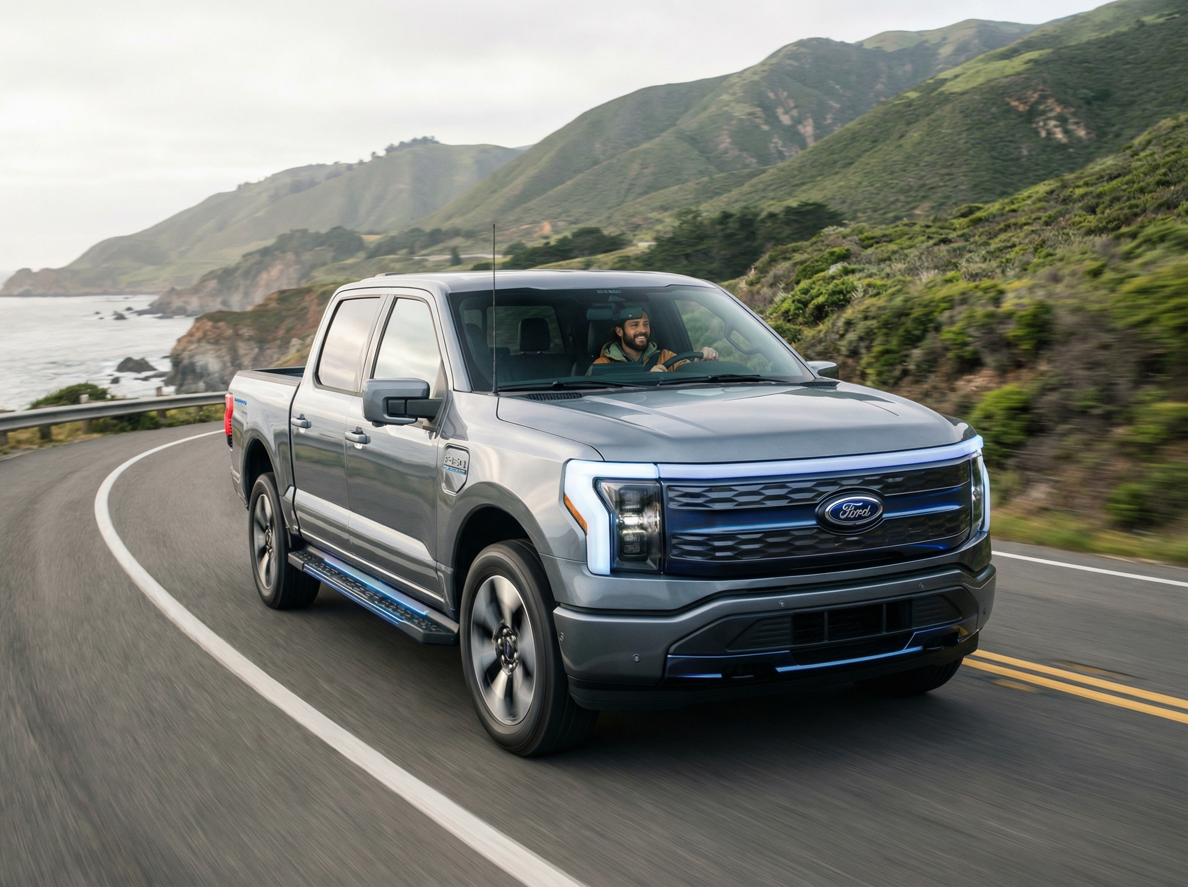 A sleek, modern Ford electric pickup truck driving smoothly on a scenic coastal road. The truck has subtle futuristic lighting elements. The driver is relaxed, hands off the wheel, as the car navigates a curve. Professional lifestyle photography, soft daylight, lush green background, 4:3 aspect ratio, no visible text.