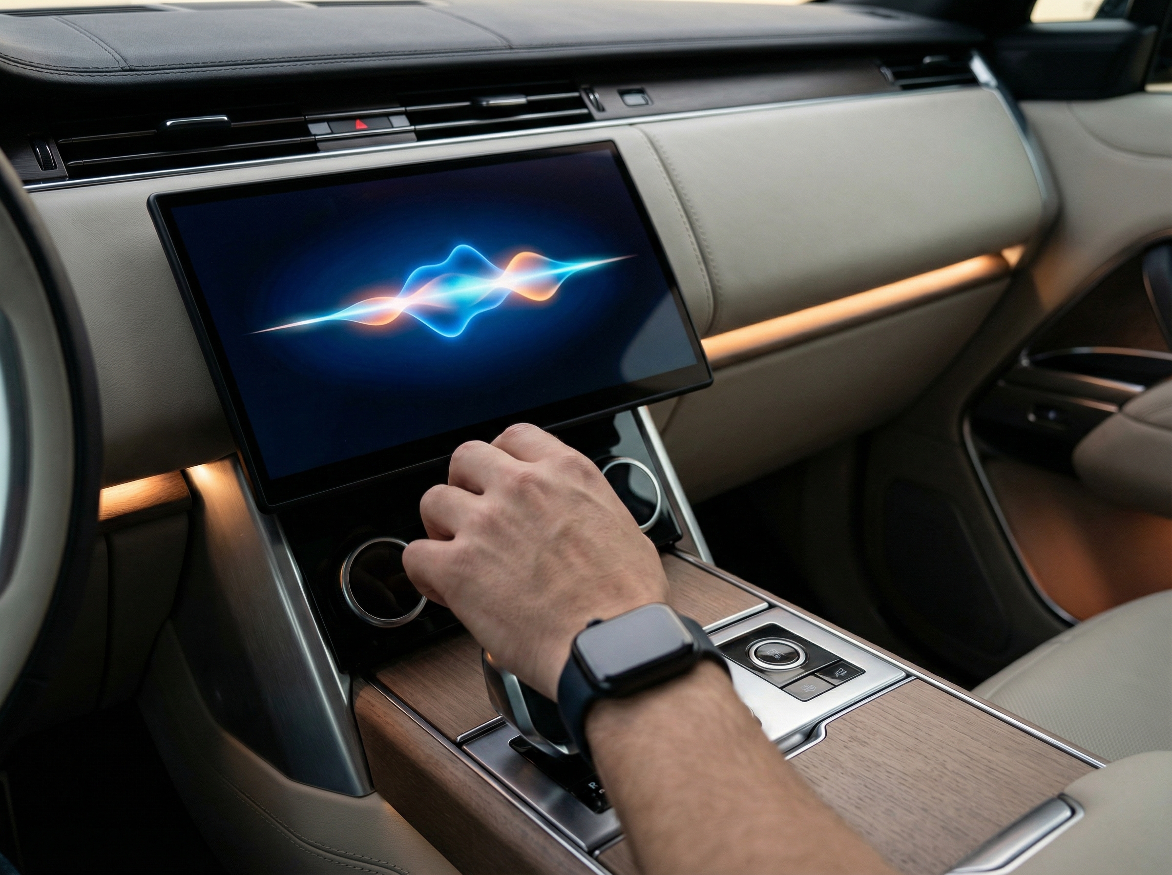 A close-up of a high-tech car infotainment screen showing a voice assistant waveform, a person's hand nearby, warm interior lighting, 4:3, realistic, no text