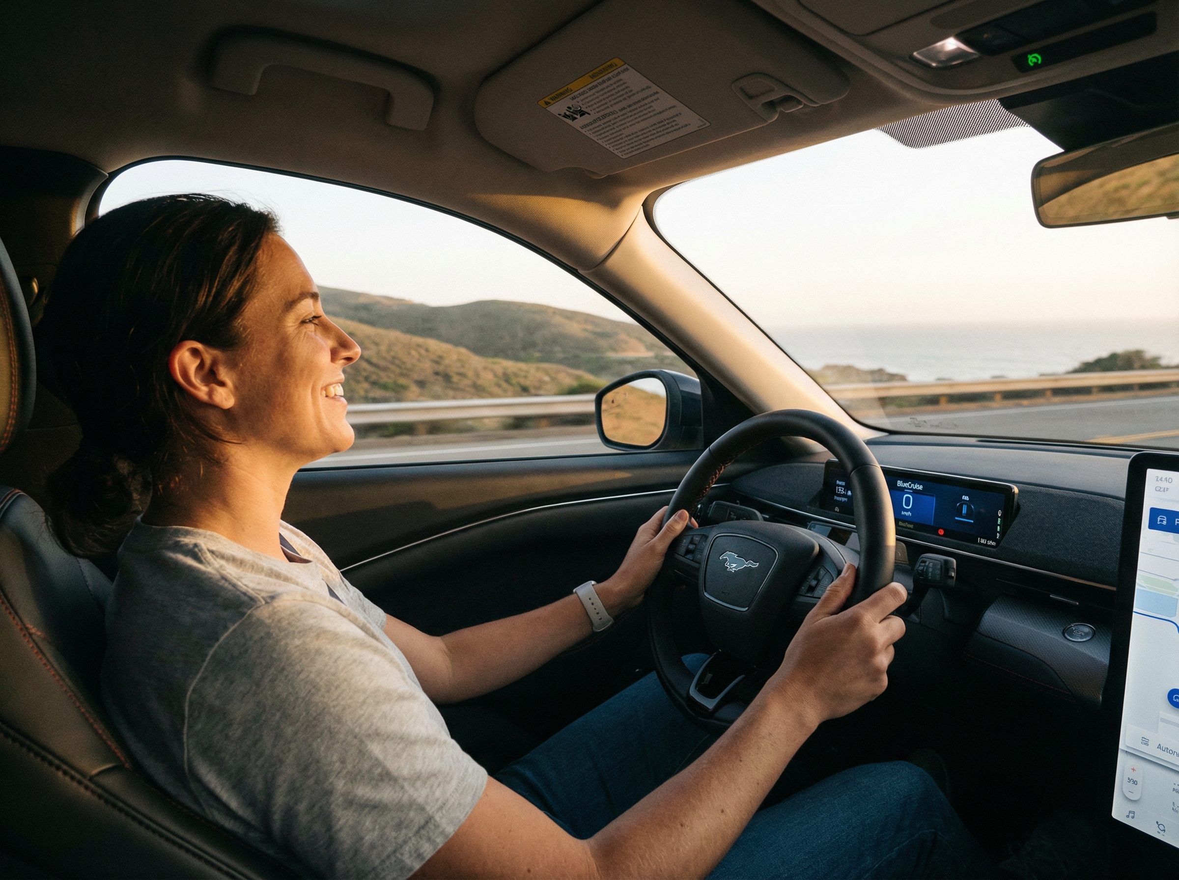 A driver sitting in a Ford car relaxed with their hands off the wheel and eyes looking at the scenery while the car drives autonomously on a highway, 4:3, natural sunlight, no text