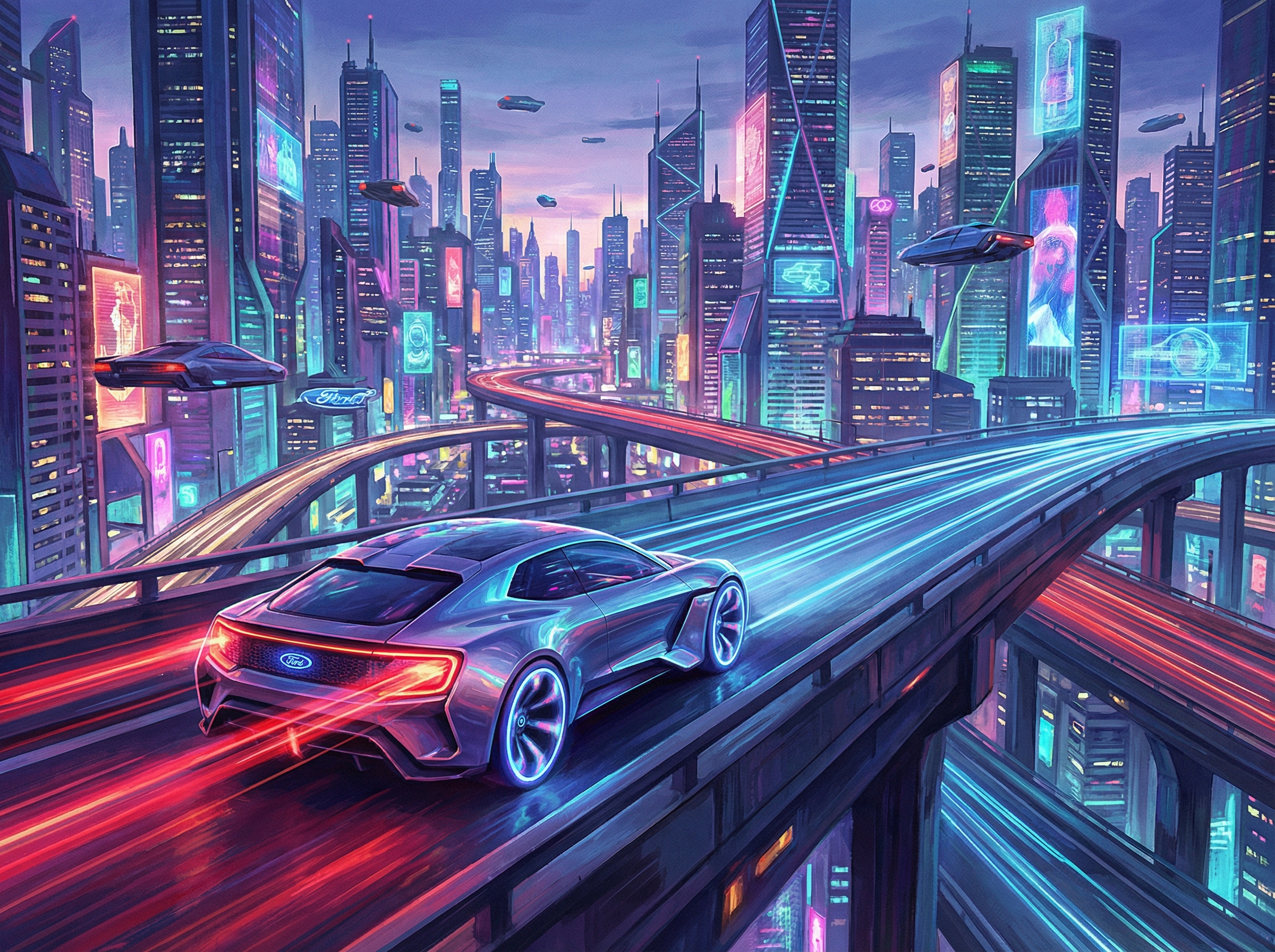 A wide-angle shot of a futuristic Ford car cruising on an elevated city highway at night. The city skyline is filled with glowing neon lights and skyscrapers. The car's tail lights leave a beautiful trail. Artistic rendering, vibrant colors, futuristic urban vibe, 4:3 aspect ratio, no text.