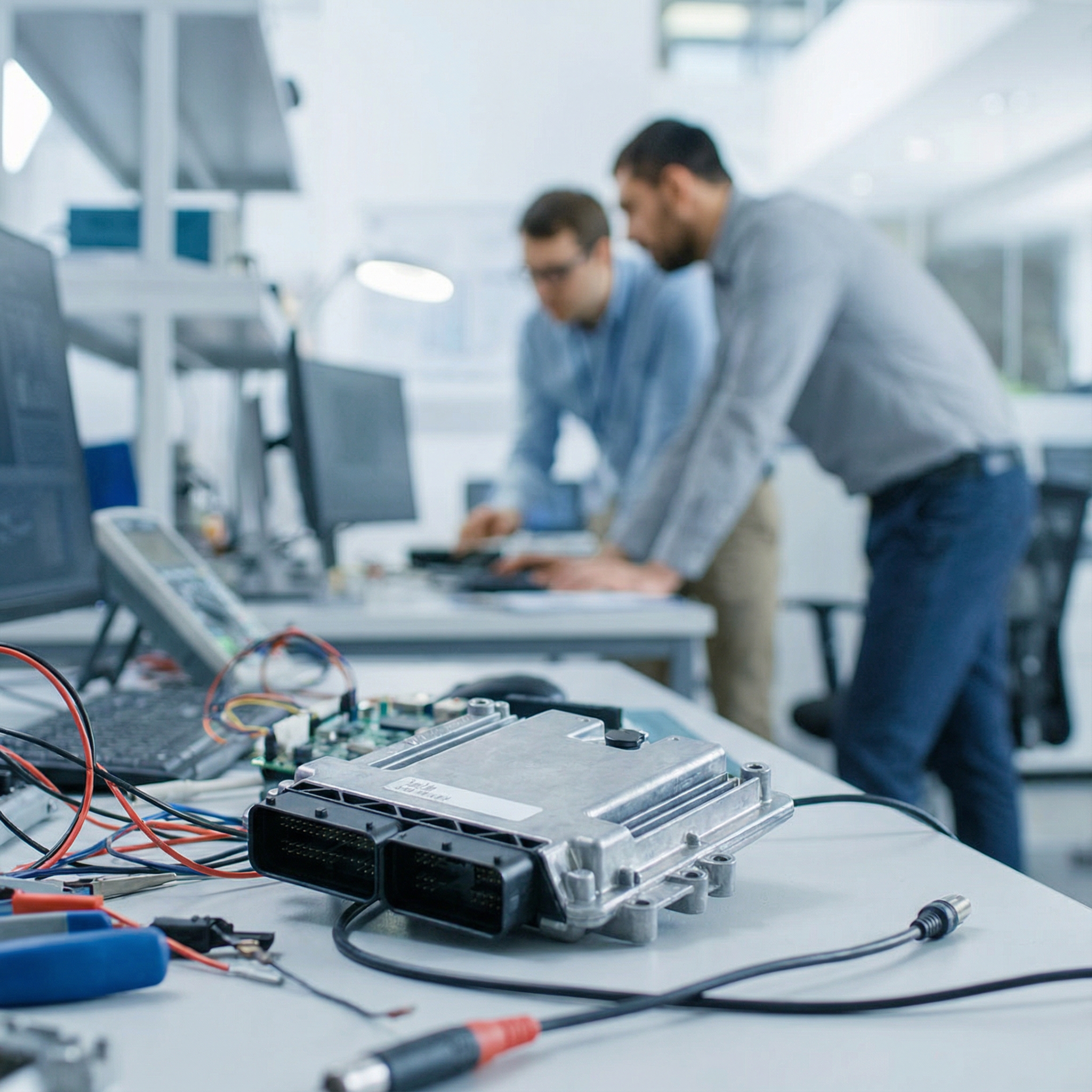 Modern automotive computer module hardware on a workbench, small and efficient design, engineers in the background working in a tech lab, 1:1, professional atmosphere, no text