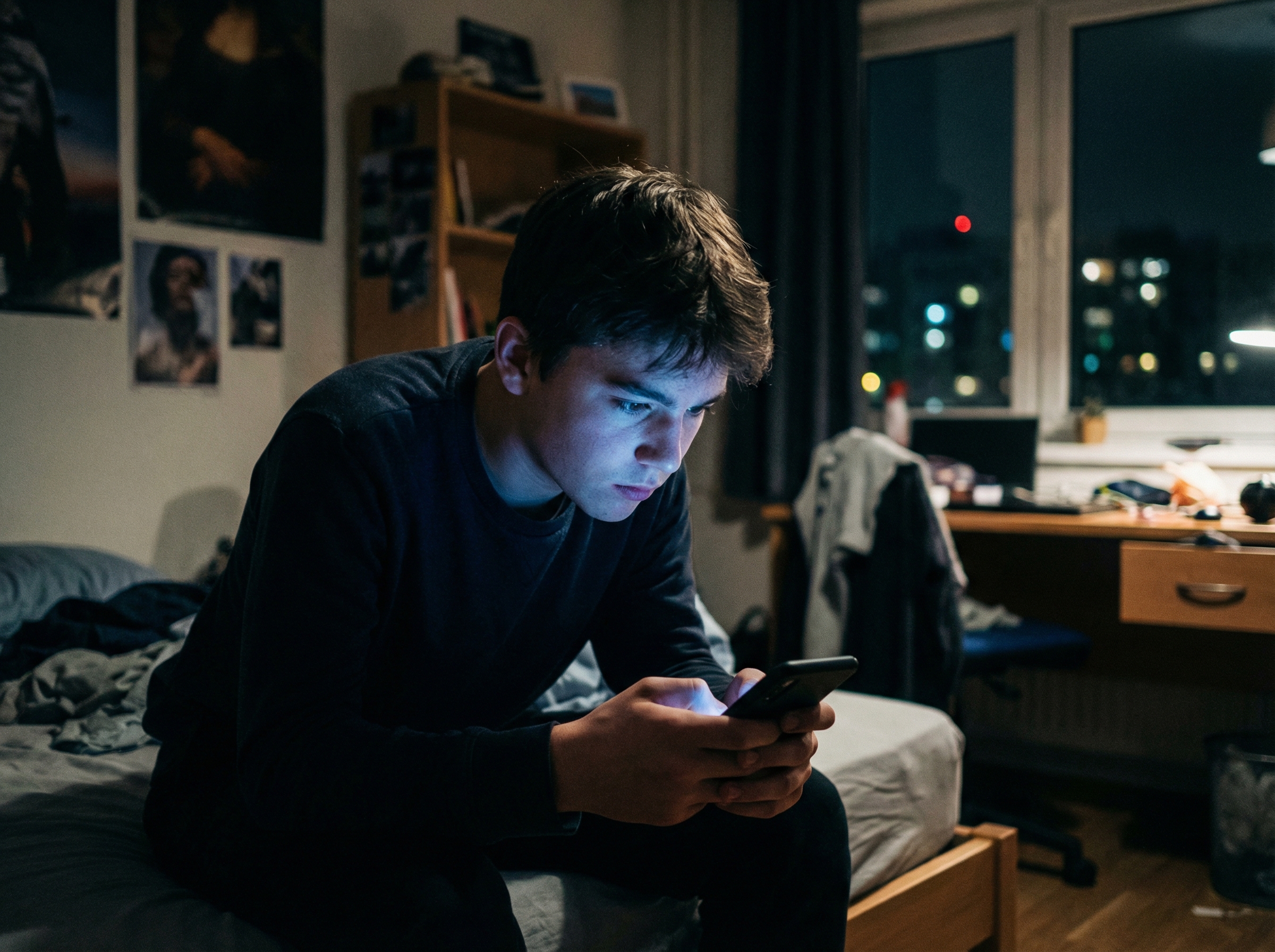 A teenage boy sitting on a bed in a dimly lit bedroom at night, focusing on a glowing smartphone screen, blue light reflecting on his face, moody and serious atmosphere, 4:3