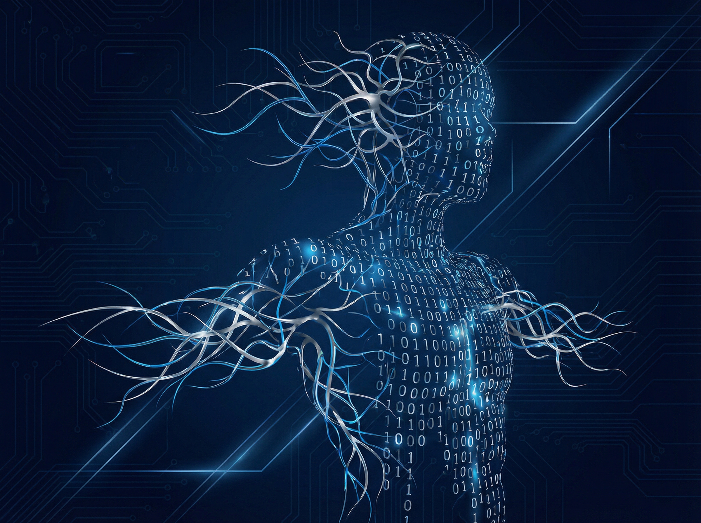 Abstract representation of a human silhouette intertwined with digital binary code and neural network lines, dark blue and silver color palette, conceptual art, 4:3