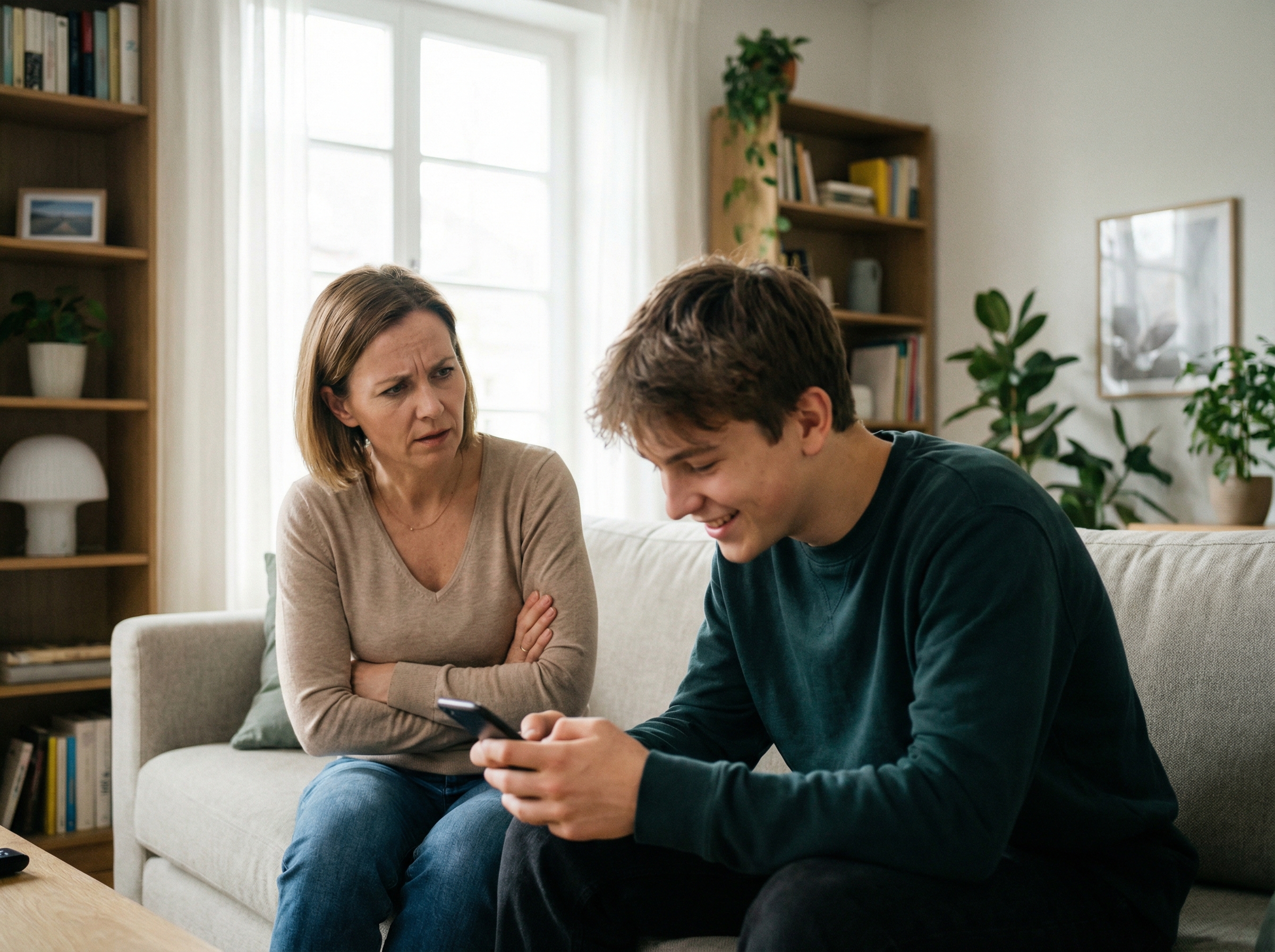 A concerned mother looking at her teenage son using a smartphone in a modern living room, soft natural lighting, realistic lifestyle photography, 4:3