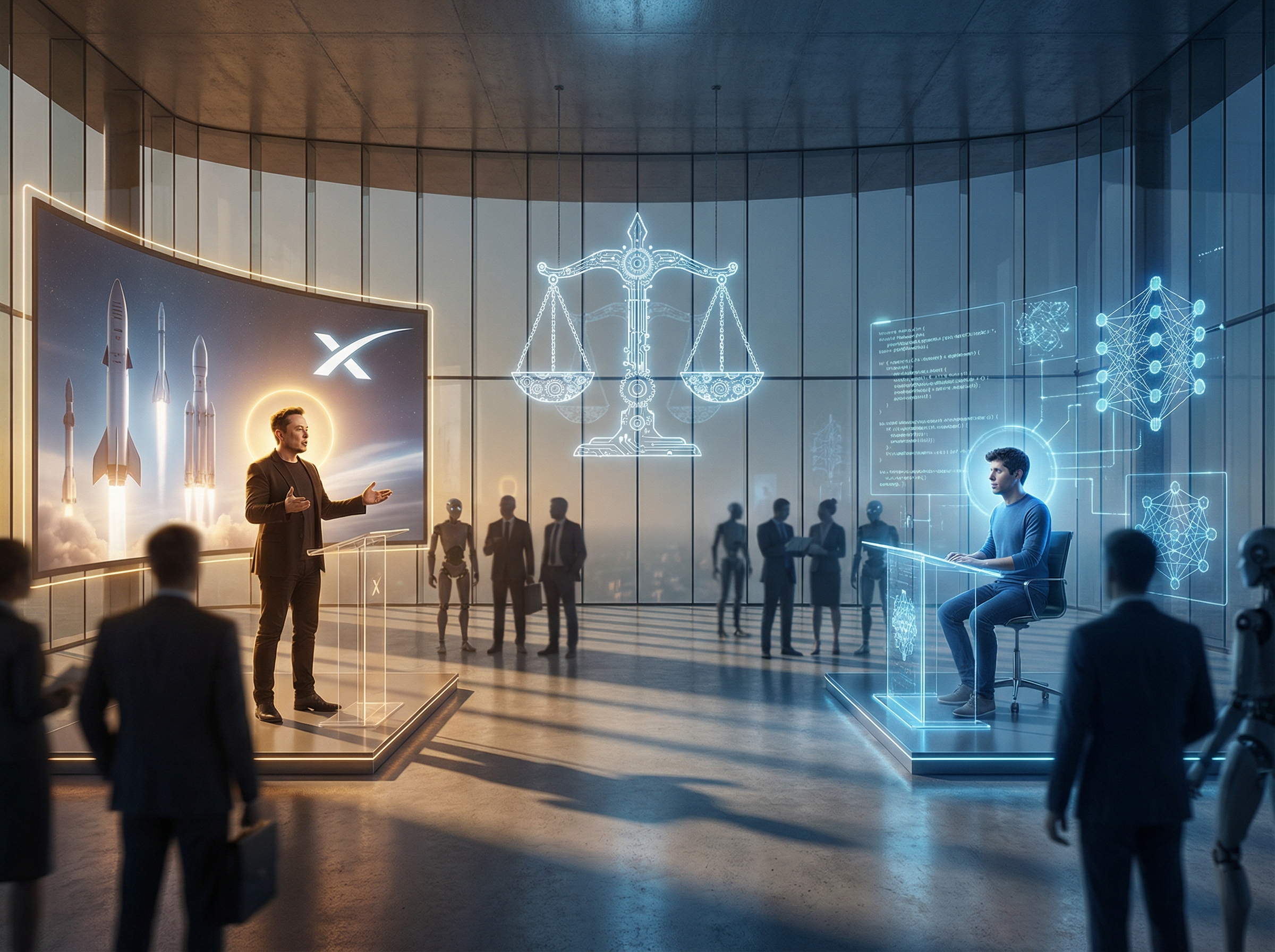 A dramatic and cinematic wide shot of a futuristic tech courtroom setting, symbolizing the legal battle between Elon Musk and Sam Altman, featuring elements representing AI and high-stakes business, warm lighting vs cool technology colors, 4:3, no text