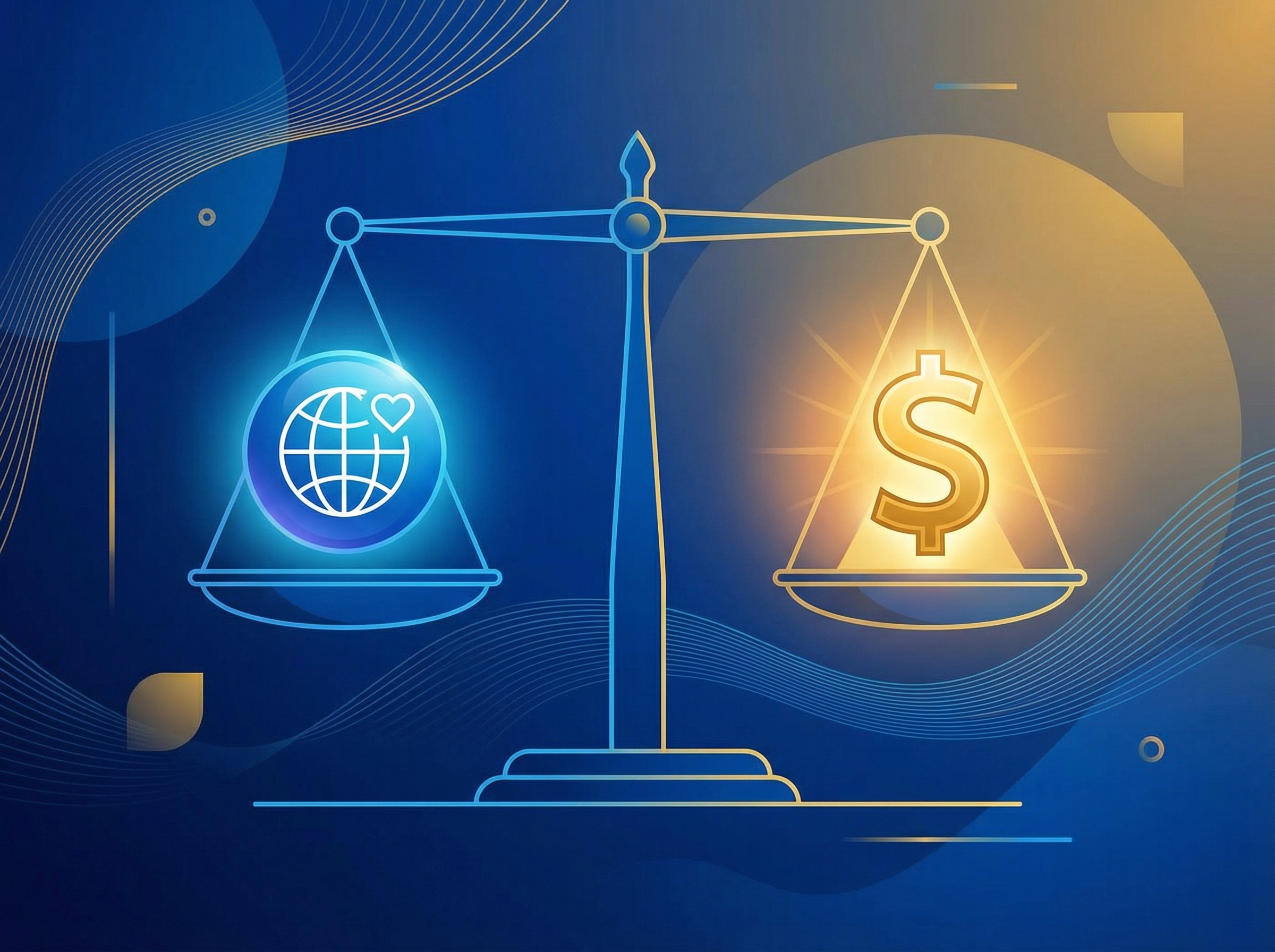 A conceptual illustration of a scale balancing a simple nonprofit globe icon on one side and a glowing golden dollar sign on the other, professional graphic design style, vibrant blue and gold colors, 4:3, no text