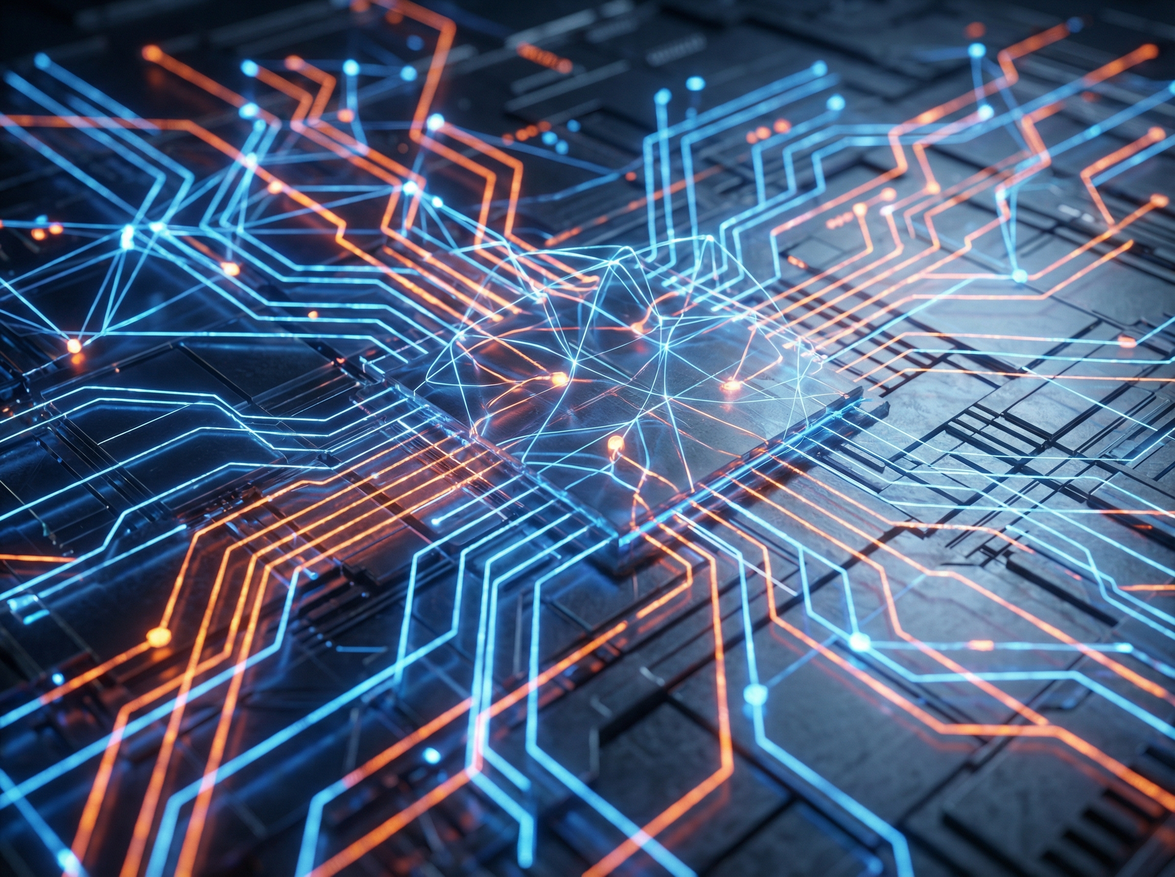 An abstract high-tech background featuring glowing neural network lines and circuit patterns in blue and orange, representing the competition and innovation in the AI industry, sharp focus, 4:3, no text