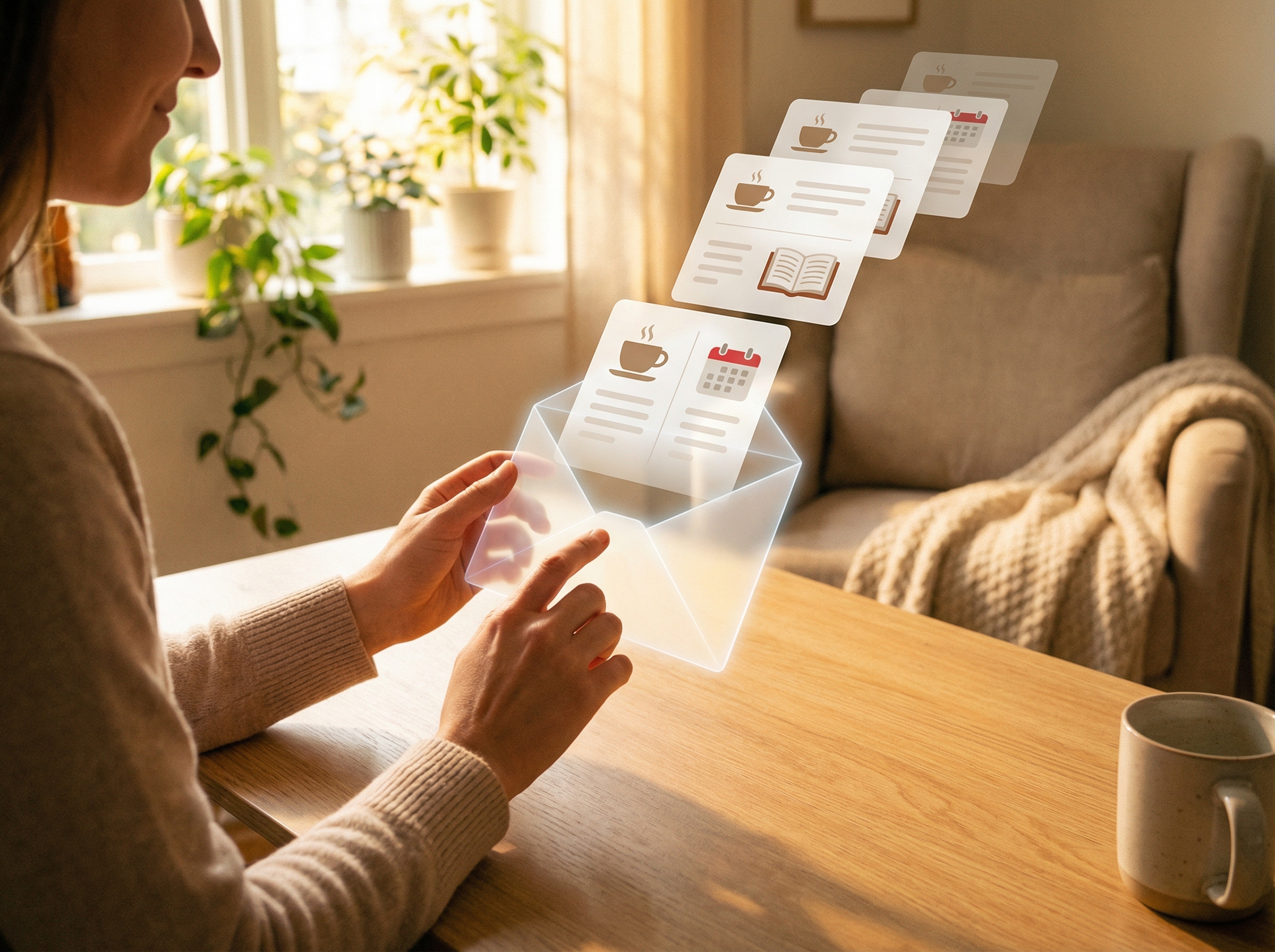 A friendly AI assistant concept visualizing an organized list of tasks emerging from a digital envelope, warm lighting, lifestyle photography, 4:3 aspect ratio, no text