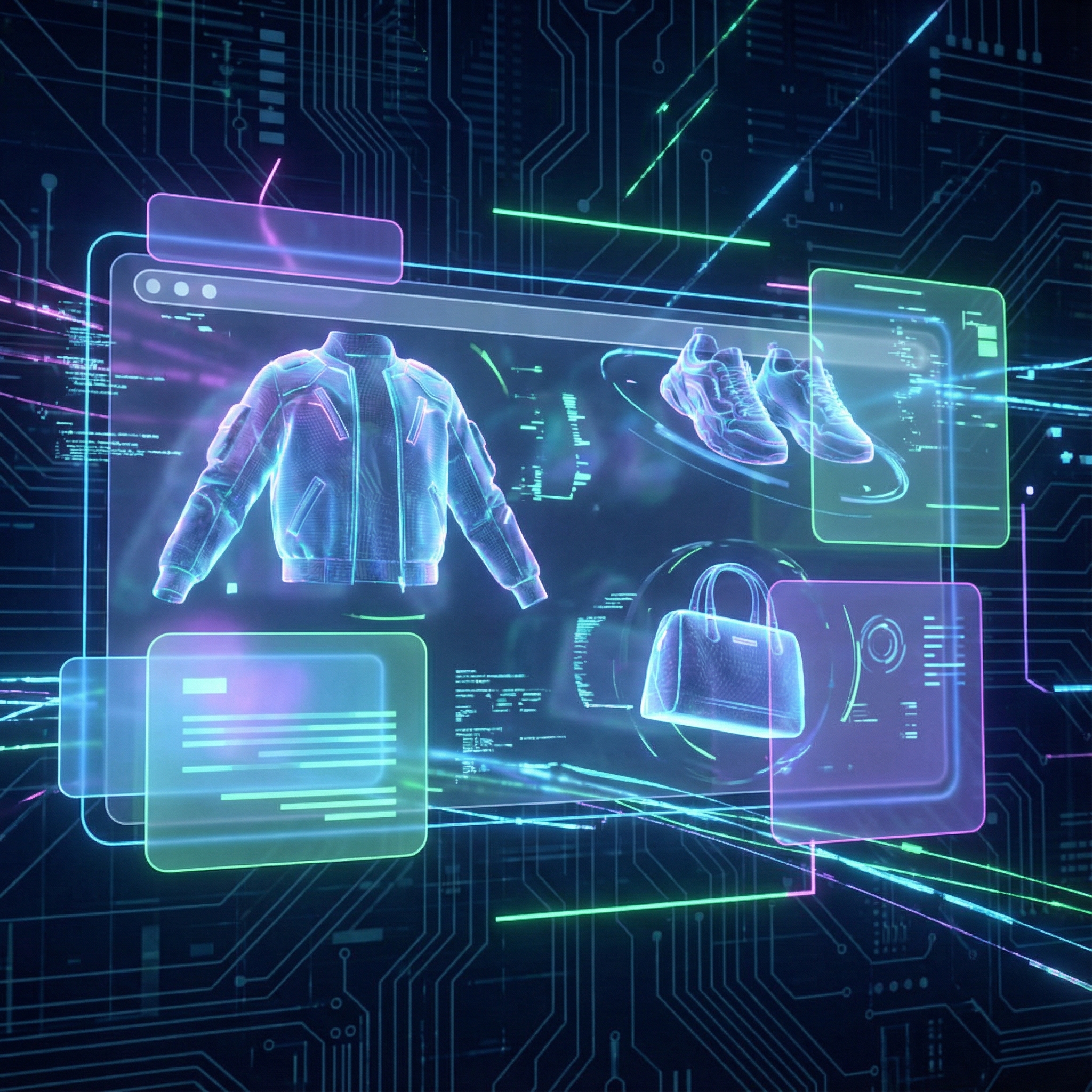 A dynamic digital web page assembling itself in real-time, holographic product images of fashion items floating, sleek tech background, 3D elements, sophisticated layout, 1:1 aspect ratio, no text