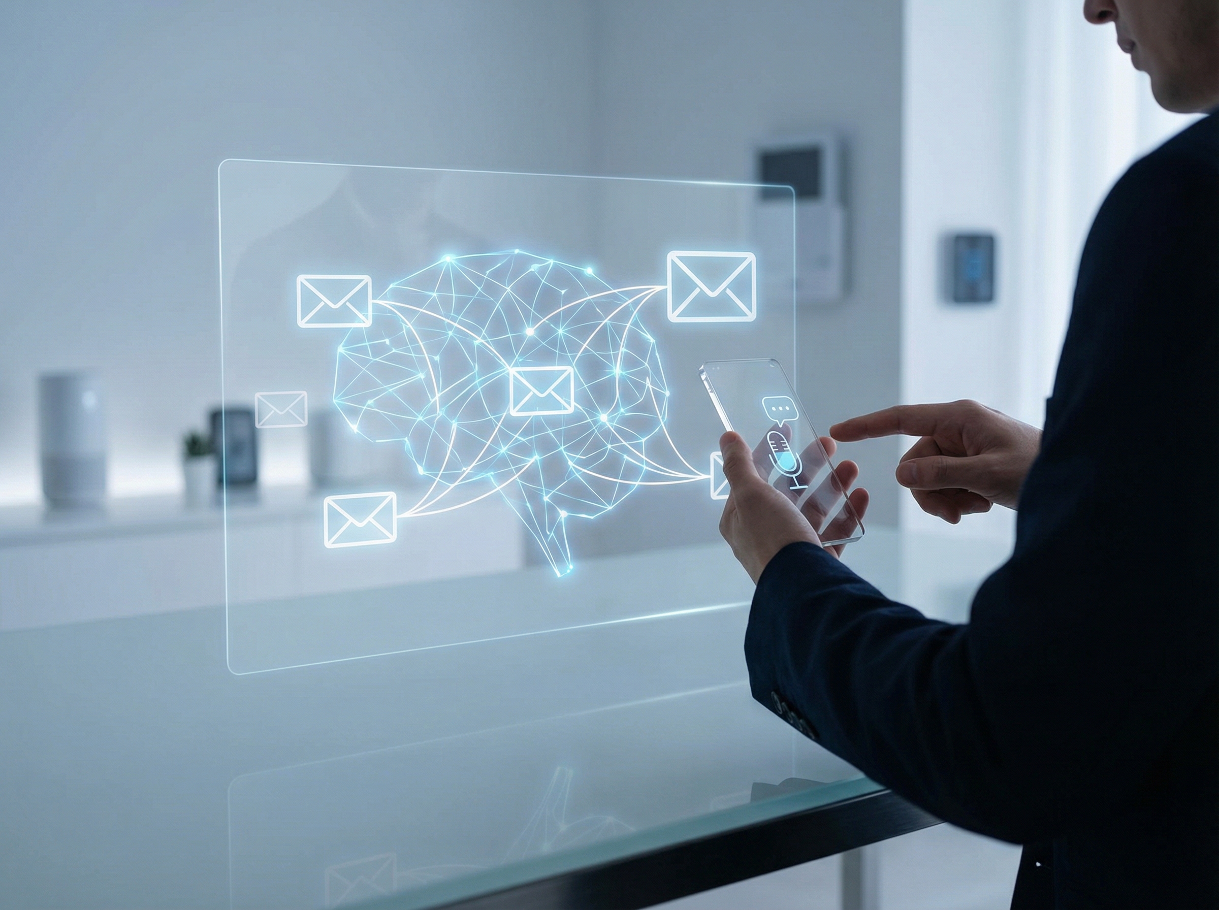 A high-tech digital assistant concept, glowing neural network lines connecting to email icons, a person using a smartphone to ask a question, futuristic and clean aesthetic, 4:3 aspect ratio, no visible text