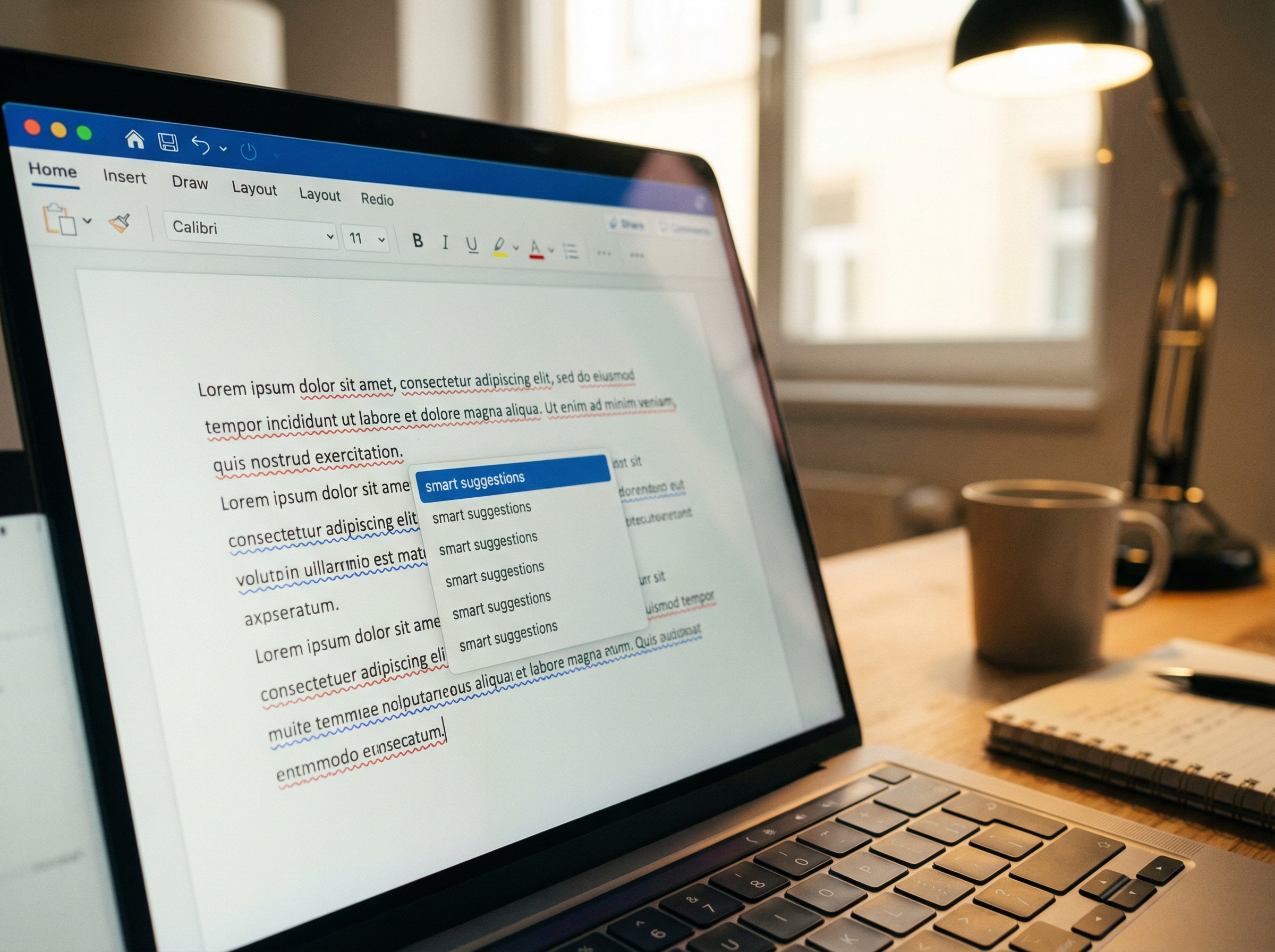 Close up of a laptop screen showing a text editor with smart suggestions and grammar highlights, soft office lighting, professional atmosphere, 4:3 aspect ratio, no visible text