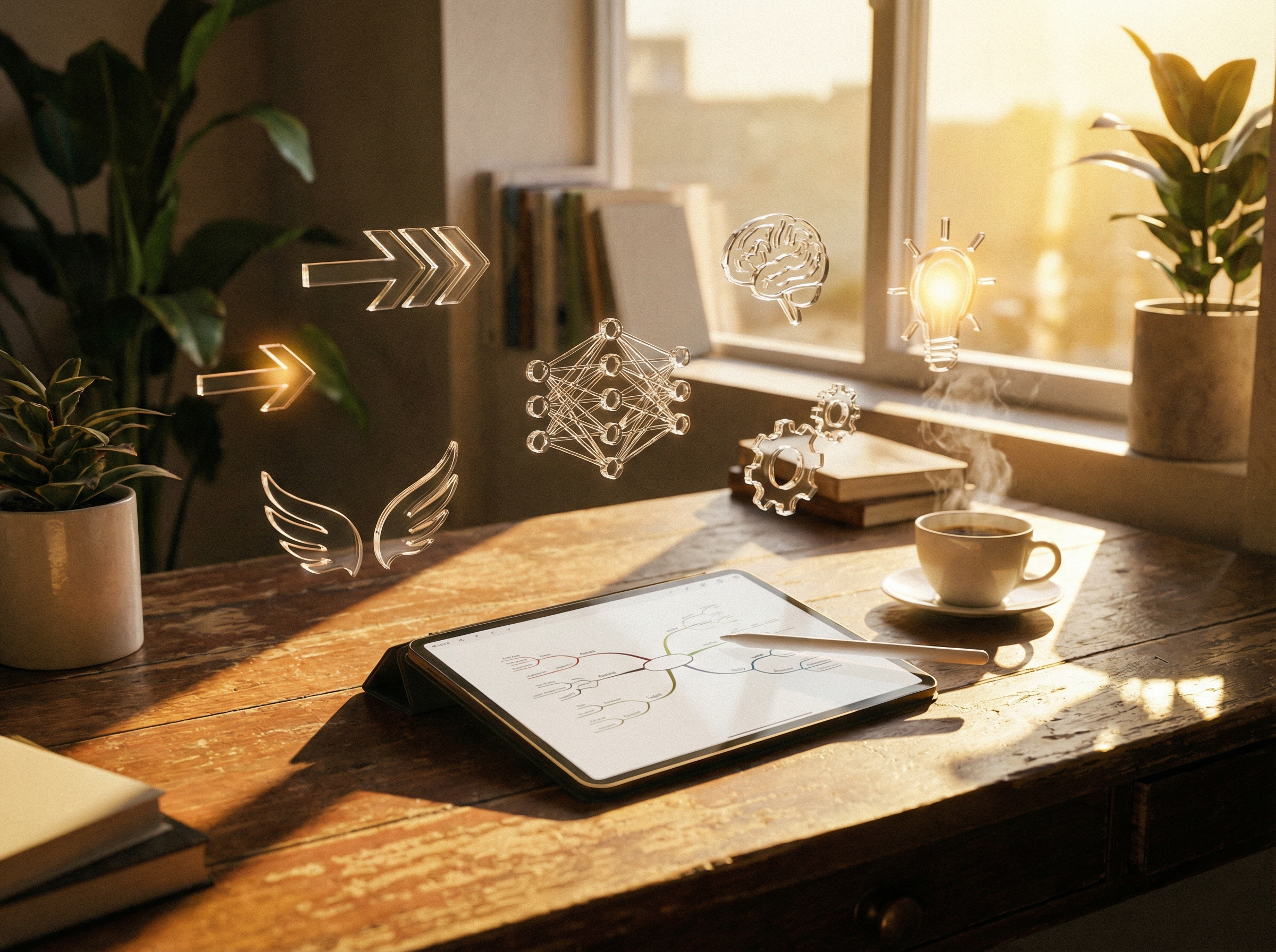 A productive workspace with a tablet and coffee, abstract icons representing speed and artificial intelligence floating around, warm sunlight hitting the desk, 4:3 aspect ratio, no visible text