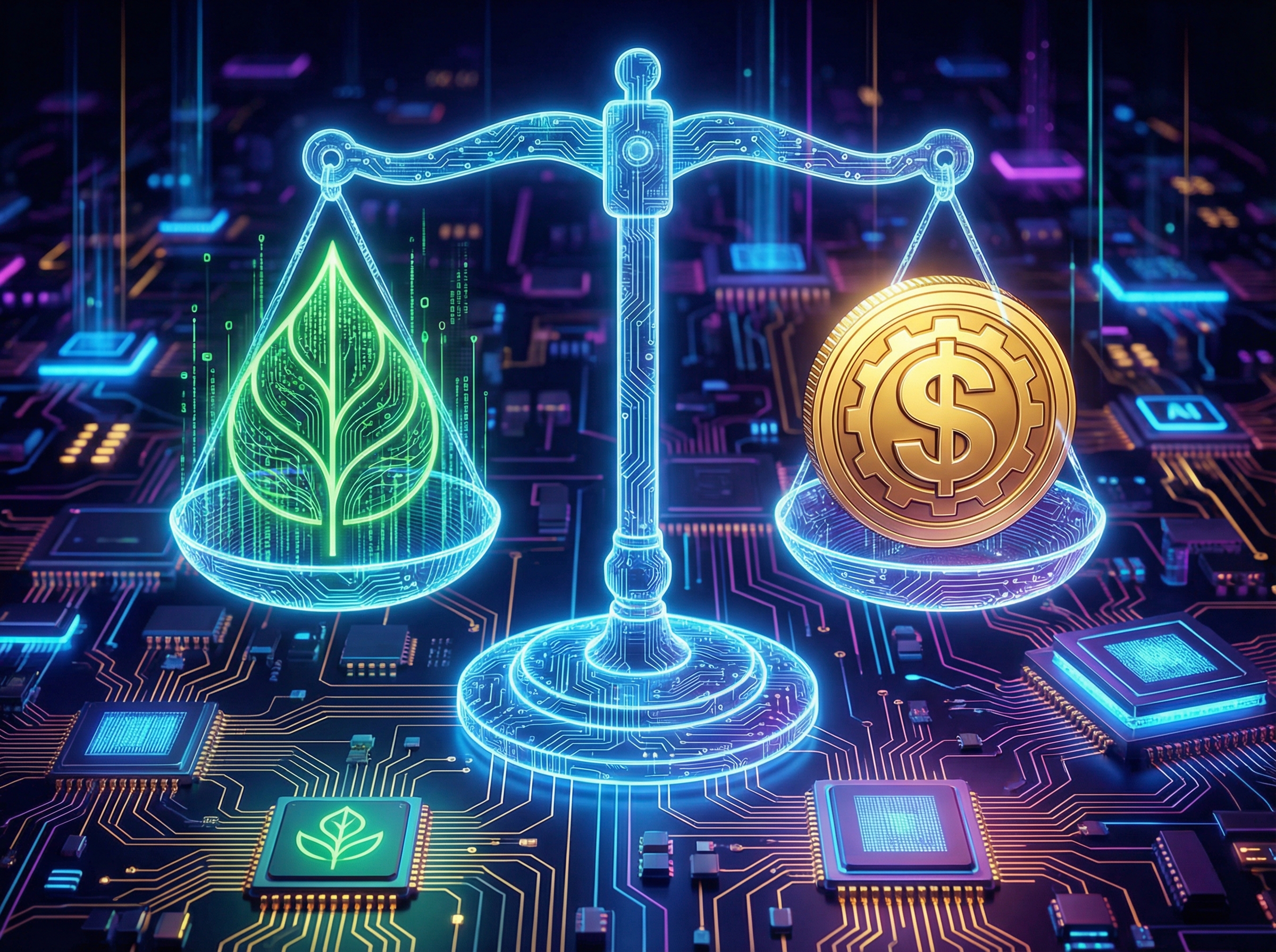Digital illustration of a scale balancing a non-profit leaf symbol and a golden profit coin, futuristic AI chip background, high contrast, 4:3 ratio, no text