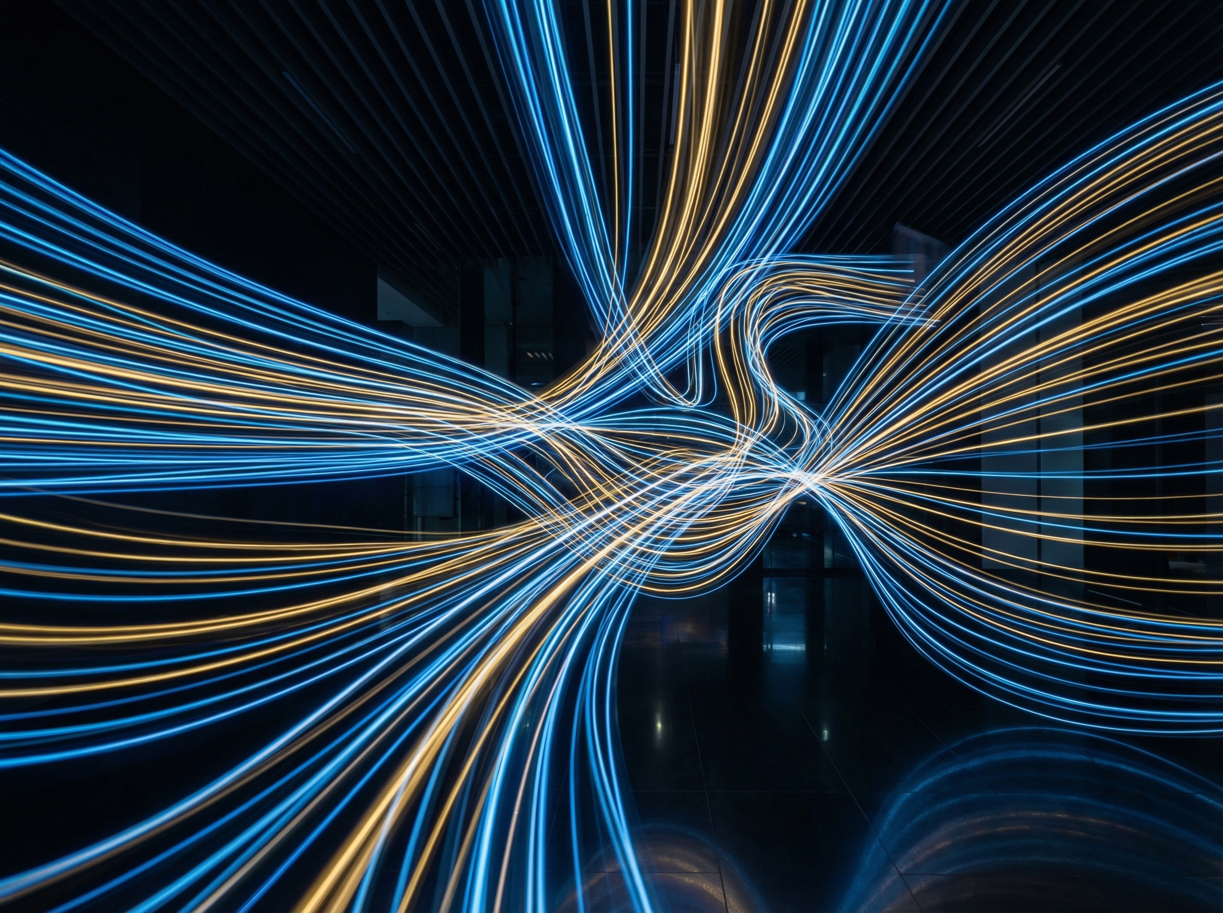 Abstract representation of corporate restructuring, flowing blue and gold lines representing data and capital, professional and sleek design, 4:3 ratio, no text