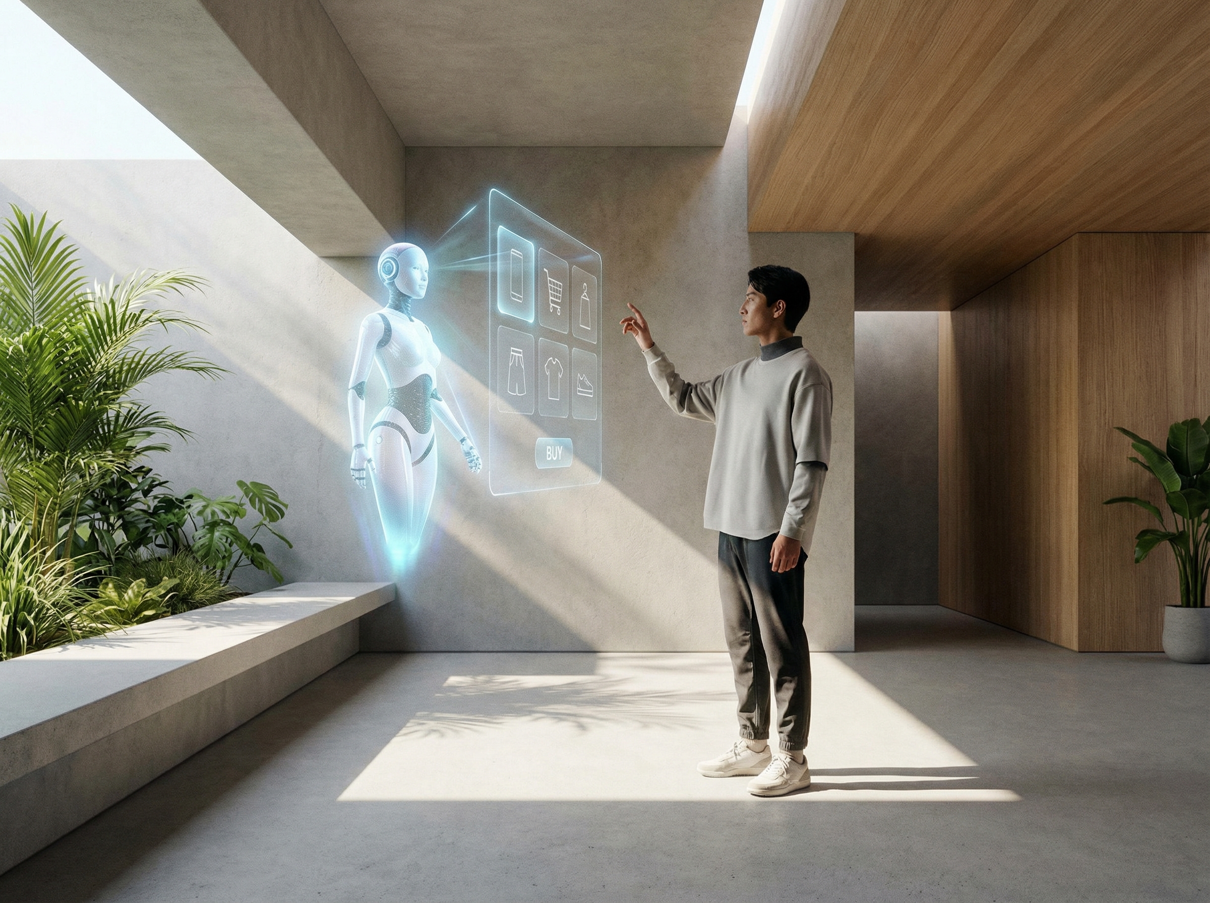A futuristic shopping concept where a person interacts with a holographic AI assistant showing product recommendations and a buy button, modern and clean lifestyle setting, high resolution, 4:3 aspect ratio, no text