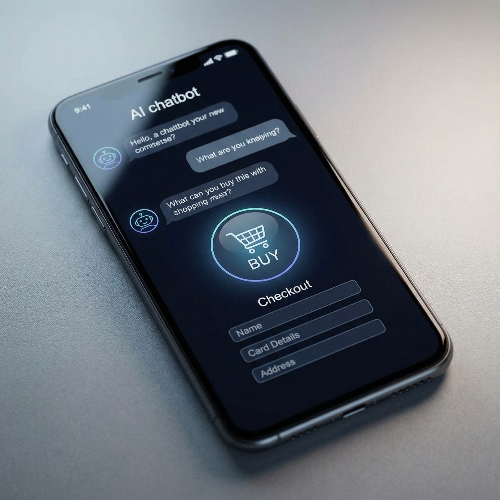 Close up shot of a sleek smartphone screen displaying an AI chatbot interface with a prominent Buy button and a checkout form, soft studio lighting, professional photography, 1:1 aspect ratio, no text