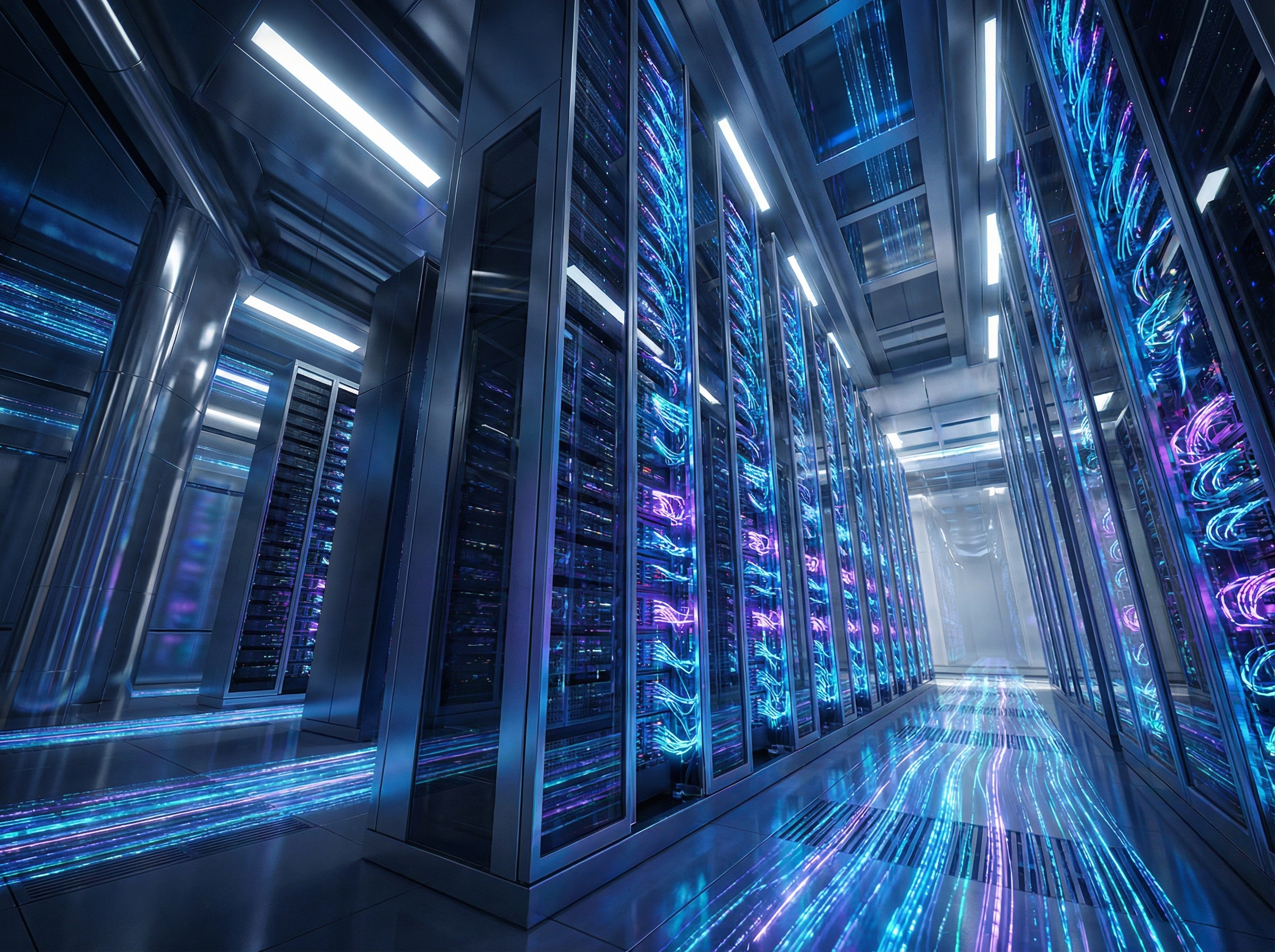 A futuristic cloud data center with glowing blue and purple light fiber optic cables, high contrast, wide angle, cinematic lighting, 4:3, no text