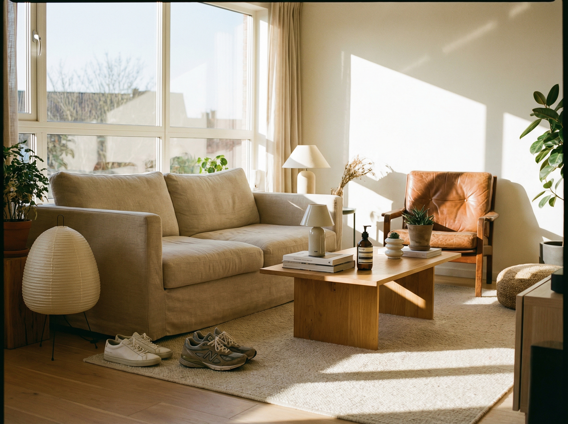 A modern and stylish living room interior with various lifestyle products like lamps and sneakers arranged naturally, warm sunlight coming through window, realistic photography, 4:3 aspect ratio, no text