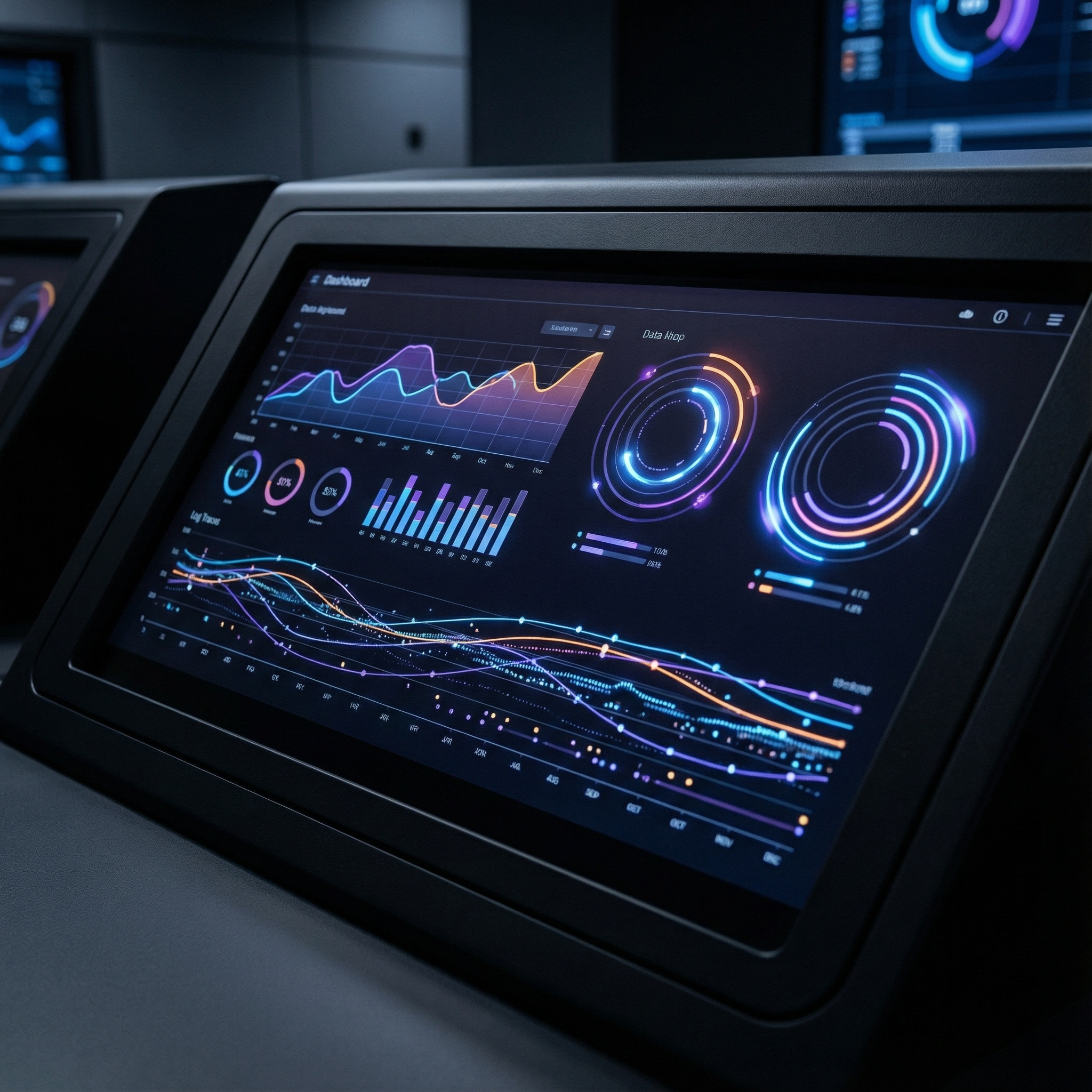 A sleek digital dashboard with glowing graphs, data metrics, and log traces, modern UI design, dark mode, high contrast, 1:1, no text