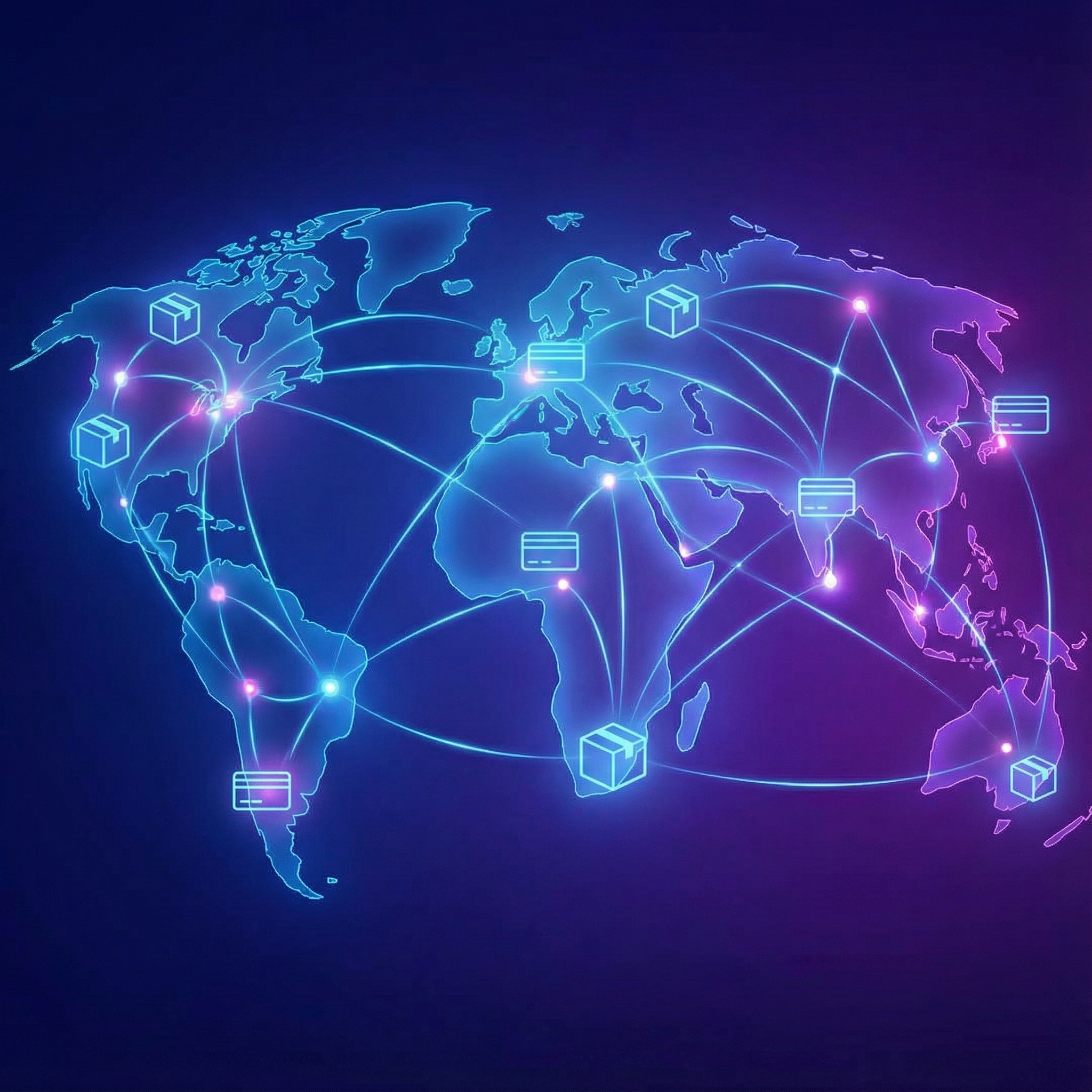 An abstract digital illustration representing global e-commerce connectivity with glowing lines and icons of packages and credit cards, deep blue and purple gradient background, 1:1 aspect ratio, no text