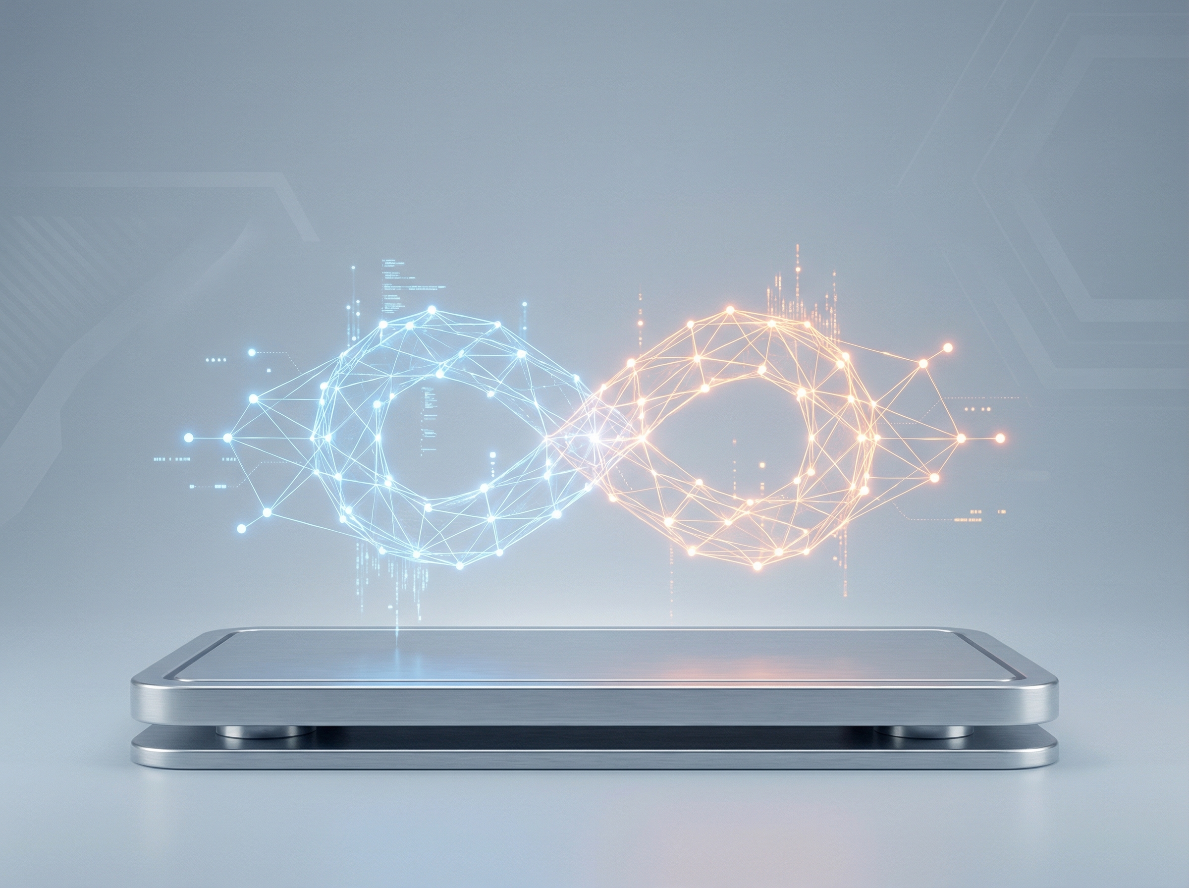 Professional business concept illustration of two glowing digital networks merging, clean background, modern and corporate style, 4:3, no text