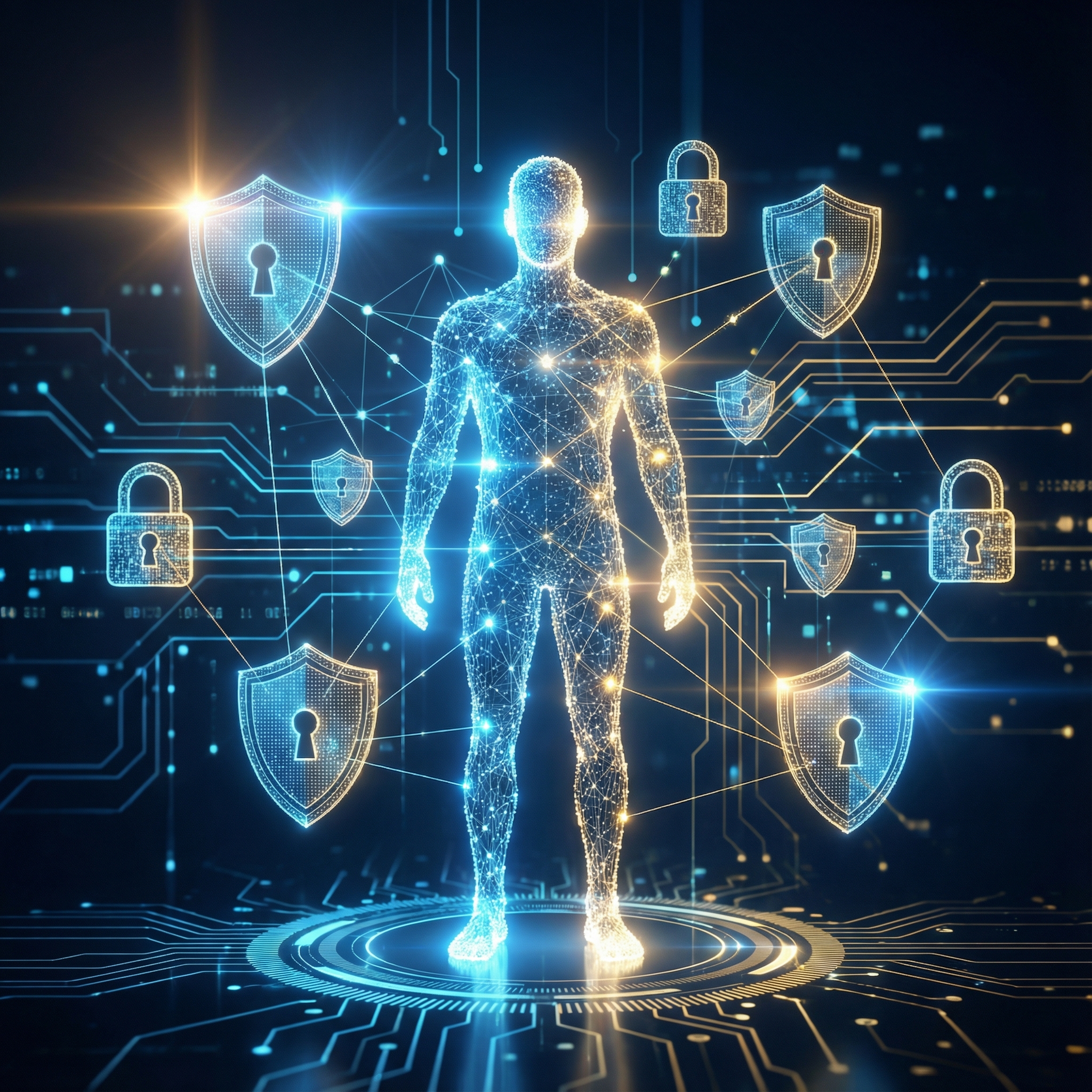 A modern and abstract conceptual illustration representing AI ethics and digital privacy. A glowing human silhouette made of data points is surrounded by holographic shields and locks. High contrast blue and gold lighting, futuristic digital atmosphere, 1:1 aspect ratio, no visible text.
