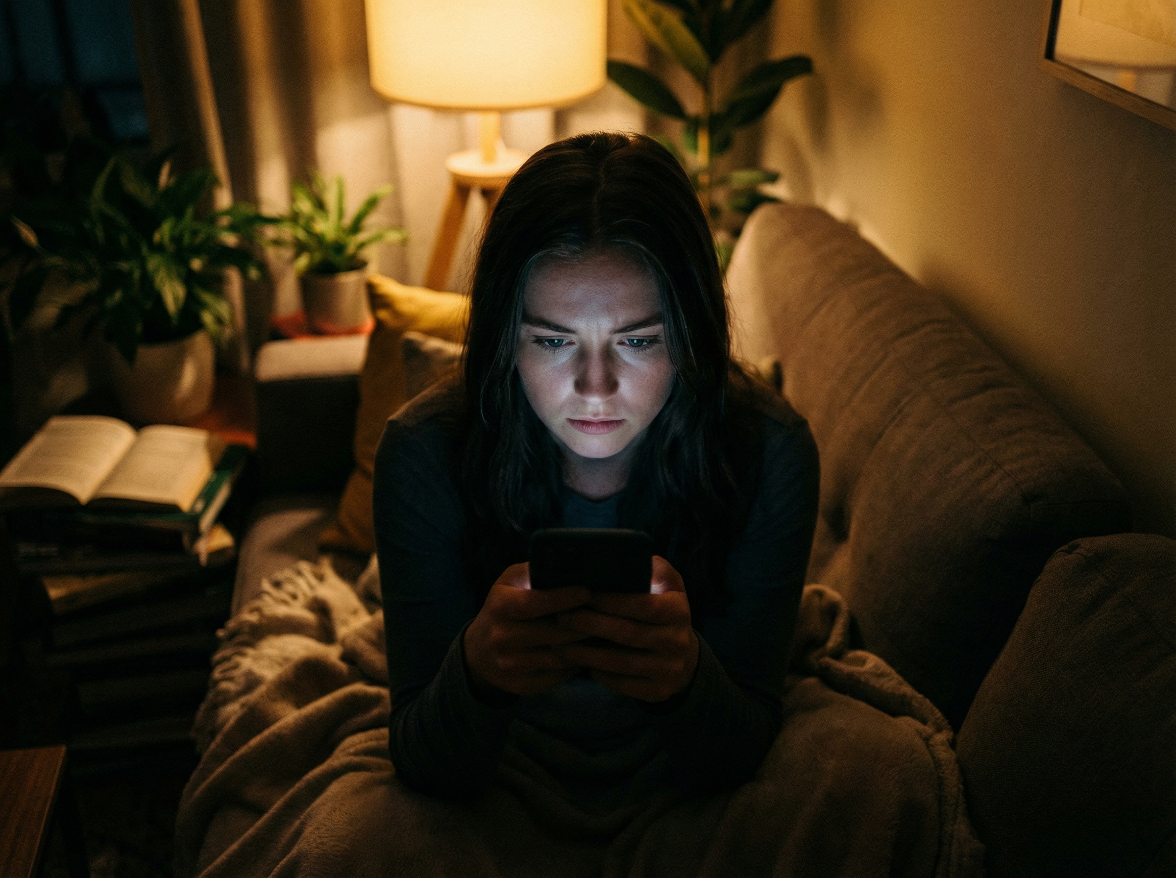 A high-angle lifestyle photograph of a young woman looking at her smartphone screen with a concerned and serious facial expression. The room is dimly lit with warm ambient light from a lamp, creating a moody atmosphere. Close-up on her face reflecting the screen light, 4:3 aspect ratio, no visible text.