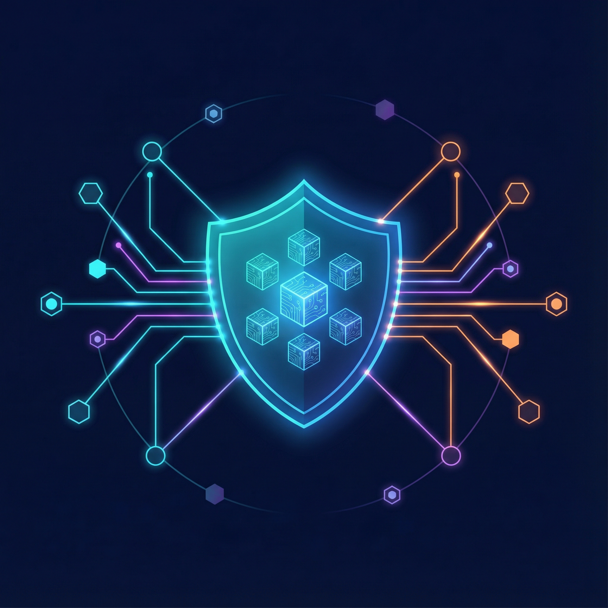 A clean and modern infographic-style illustration of a digital shield protecting personal data packets. Glowing lines connect various nodes representing a global network. High contrast colors with a dark navy background, professional and technological feel, 1:1 aspect ratio, no visible text.
