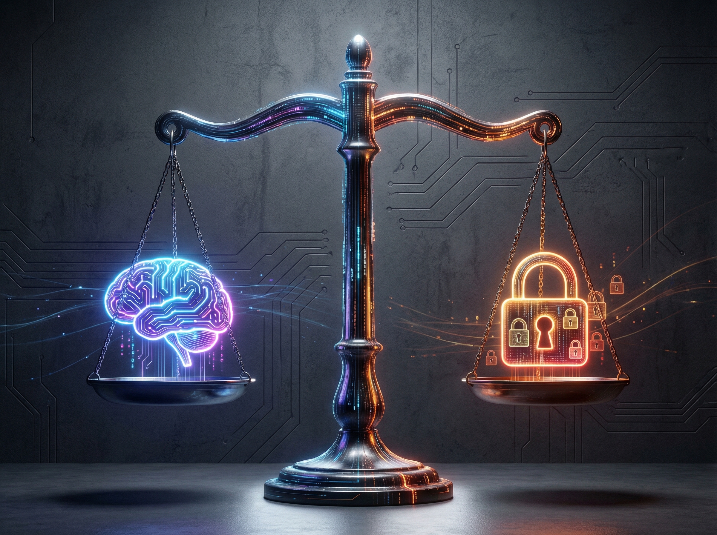 An artistic rendering of a digital scale of justice balancing a glowing brain icon on one side and a privacy lock icon on the other. The background is a textured dark grey with subtle circuitry patterns. Dramatic lighting, 4:3 aspect ratio, no visible text.