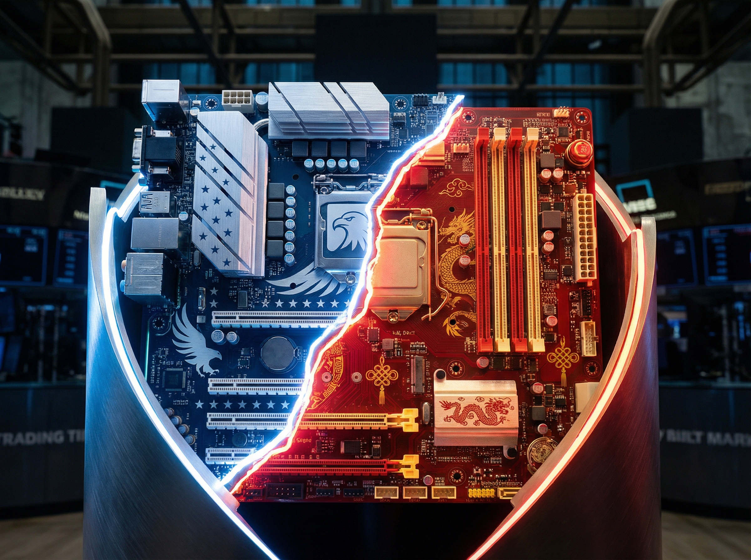 A symbolic representation of global trade tension, digital circuit board patterns split between a stylized American and Chinese aesthetic, high contrast, warm and cool lighting contrast, professional photography style, 4:3 aspect ratio, no text.