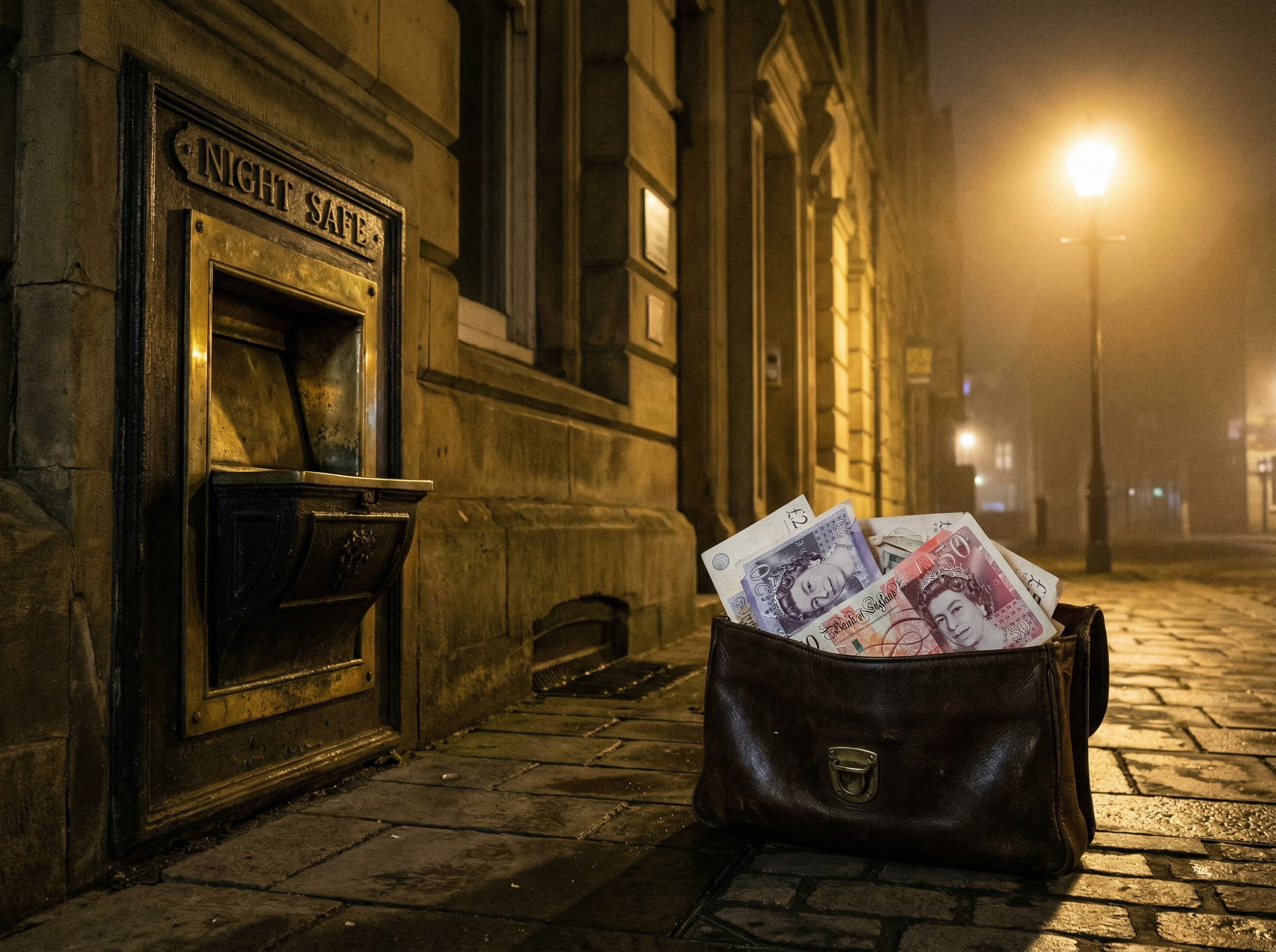 A dark leather money bag full of British pound banknotes sitting on the pavement near a vintage bank night safe, street light illumination at night, realistic style, moody atmosphere, 4:3, no text