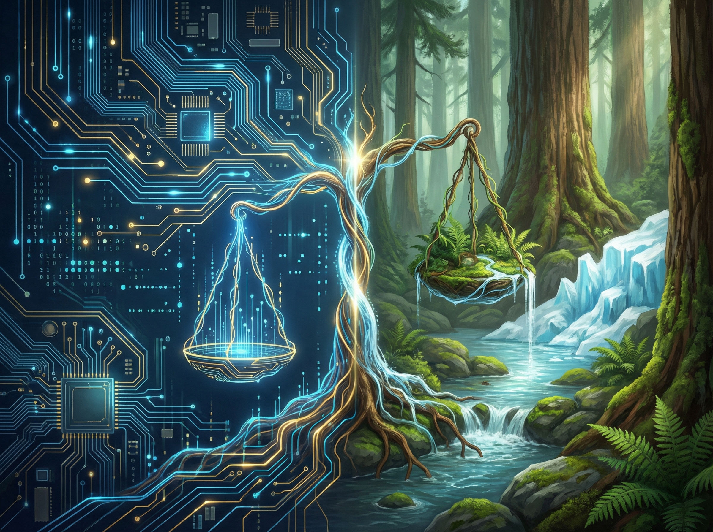 A conceptual image showing a balance between glowing digital circuit lines and a lush green forest with a melting glacier, contrast between technology and nature, high quality digital art, 4:3, no text
