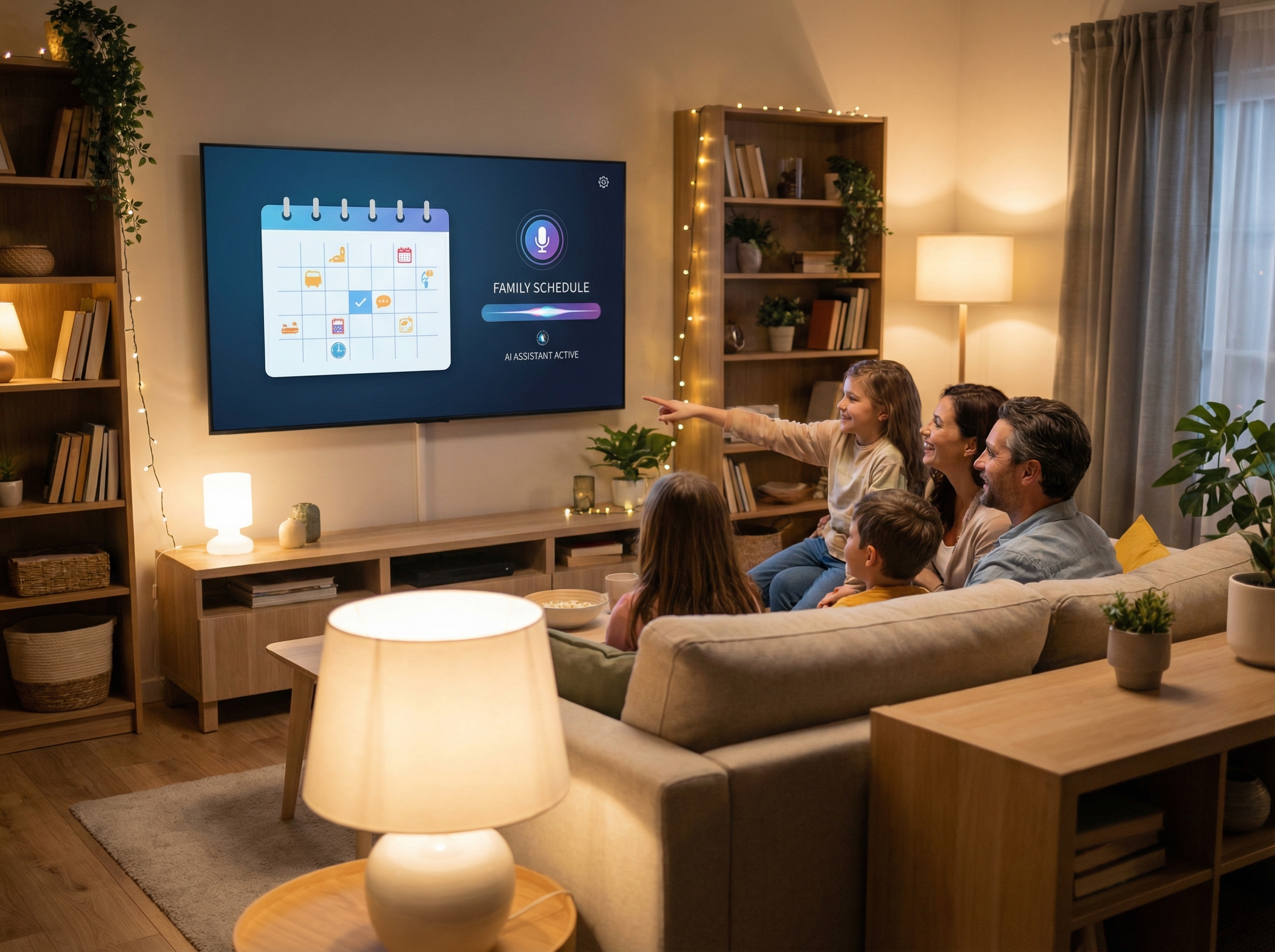 A cozy modern living room with a large smart TV displaying a family schedule and AI assistant interface, warm ambient lighting, a happy family interacting naturally, high resolution digital lifestyle photography, 4:3 aspect ratio, no text.