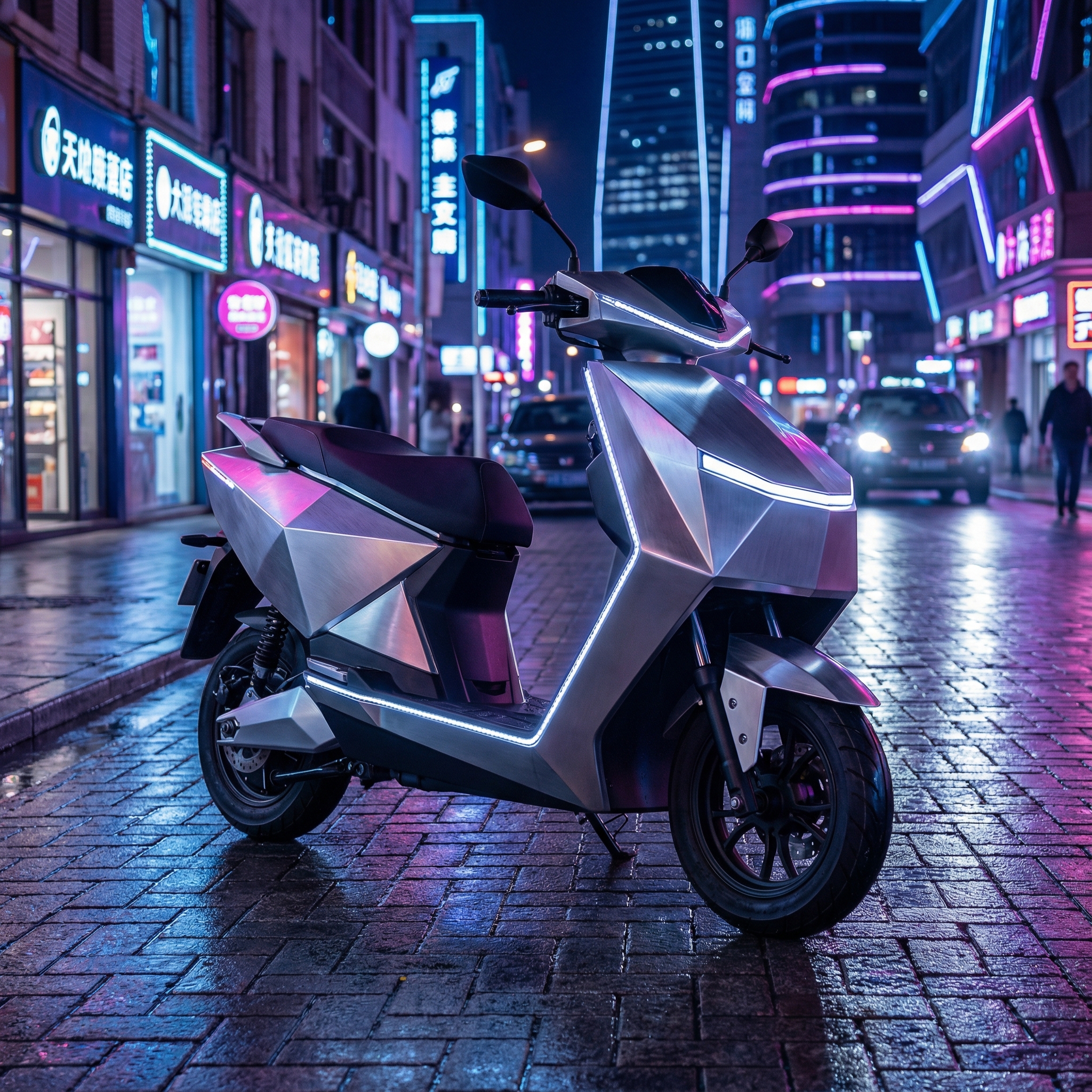 A sleek silver electric scooter with sharp geometric design like a Cybertruck, parked on a neon lit city street at night, cinematic lighting, reflections on the pavement, detailed composition, 1:1 aspect ratio, no text.