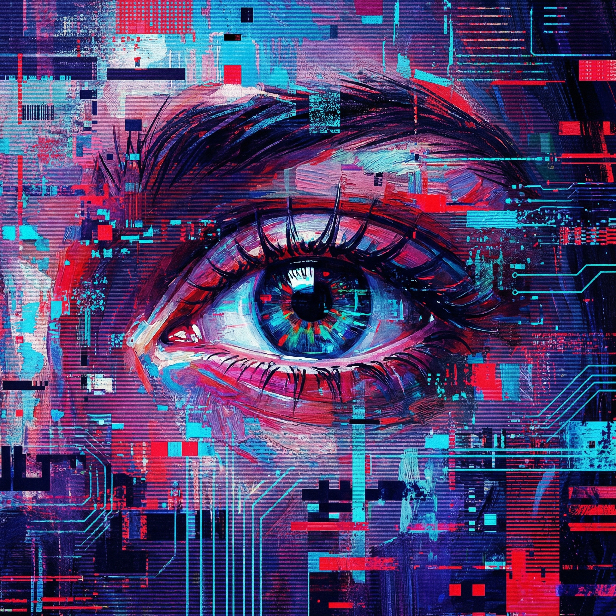 An artistic illustration of a human eye looking through a digital screen filled with glitch effects and pixelated noise, high contrast, vibrant blue and red tones, modern abstract style, 1:1, no visible text