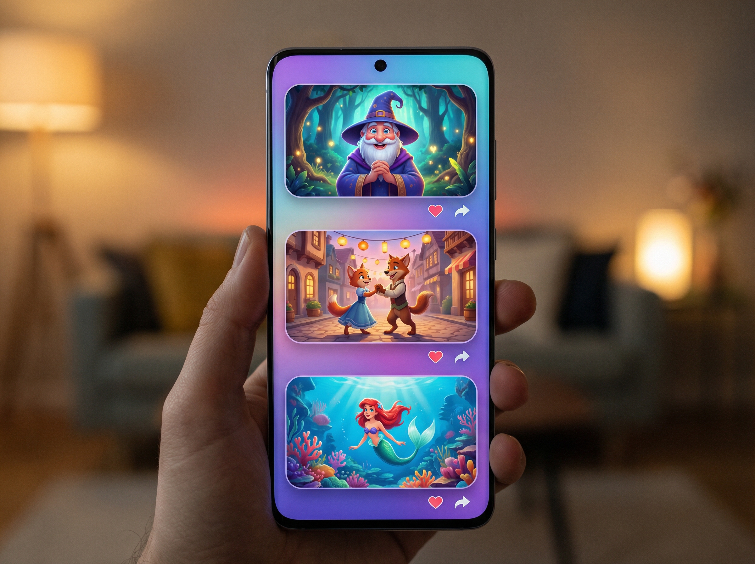 A modern smartphone displaying a streaming app interface with a vertical short-form video feed, featuring vibrant Disney-style animated characters and cinematic scenes in a TikTok-like scrollable layout, bright and colorful lighting, high-quality digital rendering, 4:3 aspect ratio, no text.