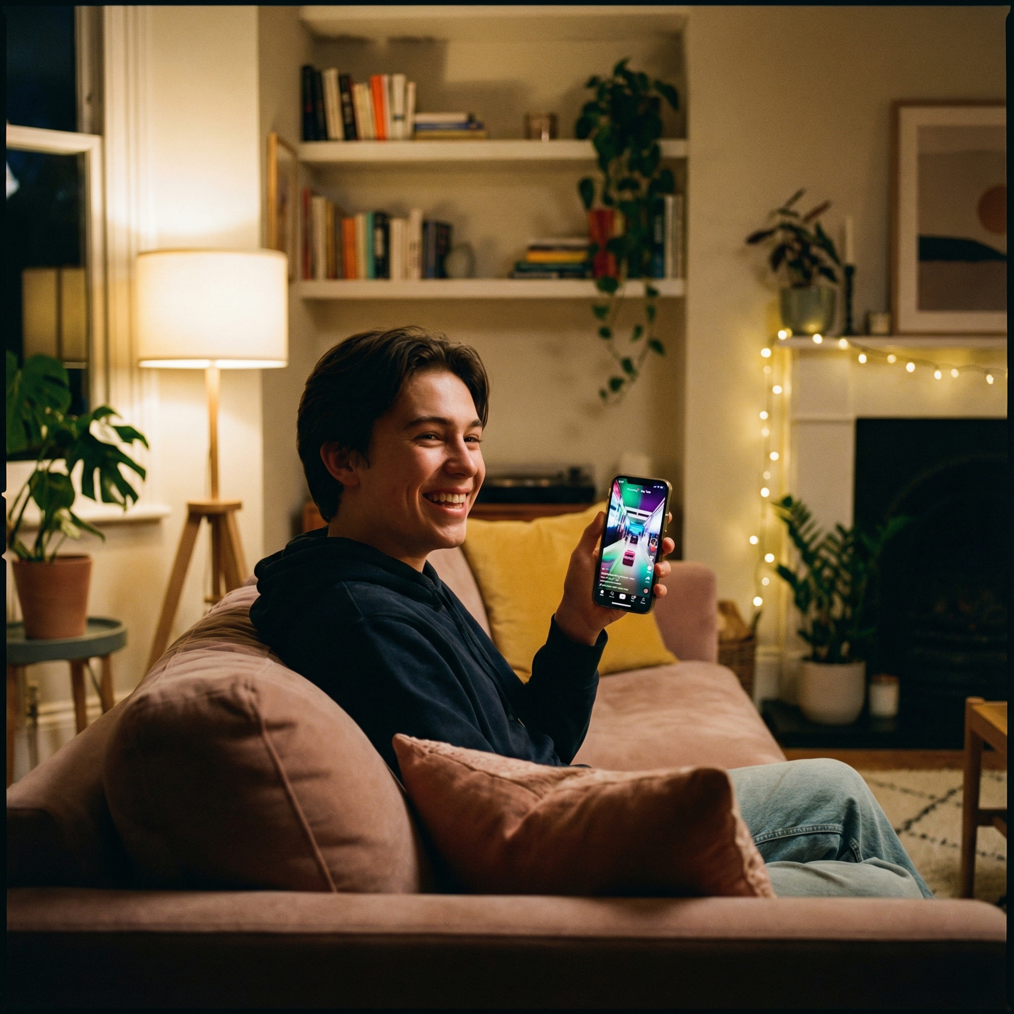 A young person sitting in a cozy, modern living room at night, holding a smartphone vertically and smiling while watching a vibrant short video, warm ambient lighting from a lamp, cinematic atmosphere, lifestyle photography, 1:1 aspect ratio, no text.